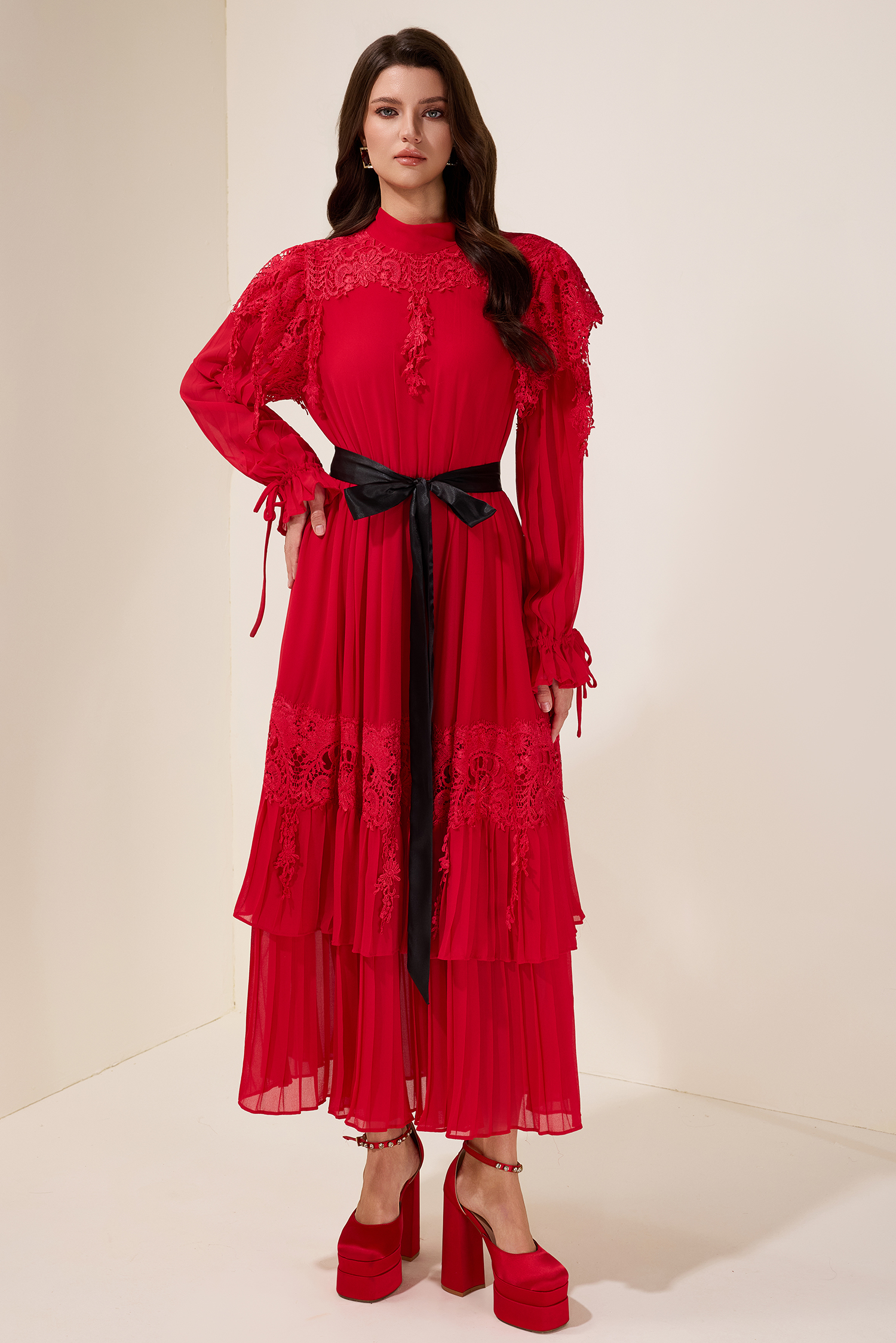 Lace Splicing Maxi Dress With Belt