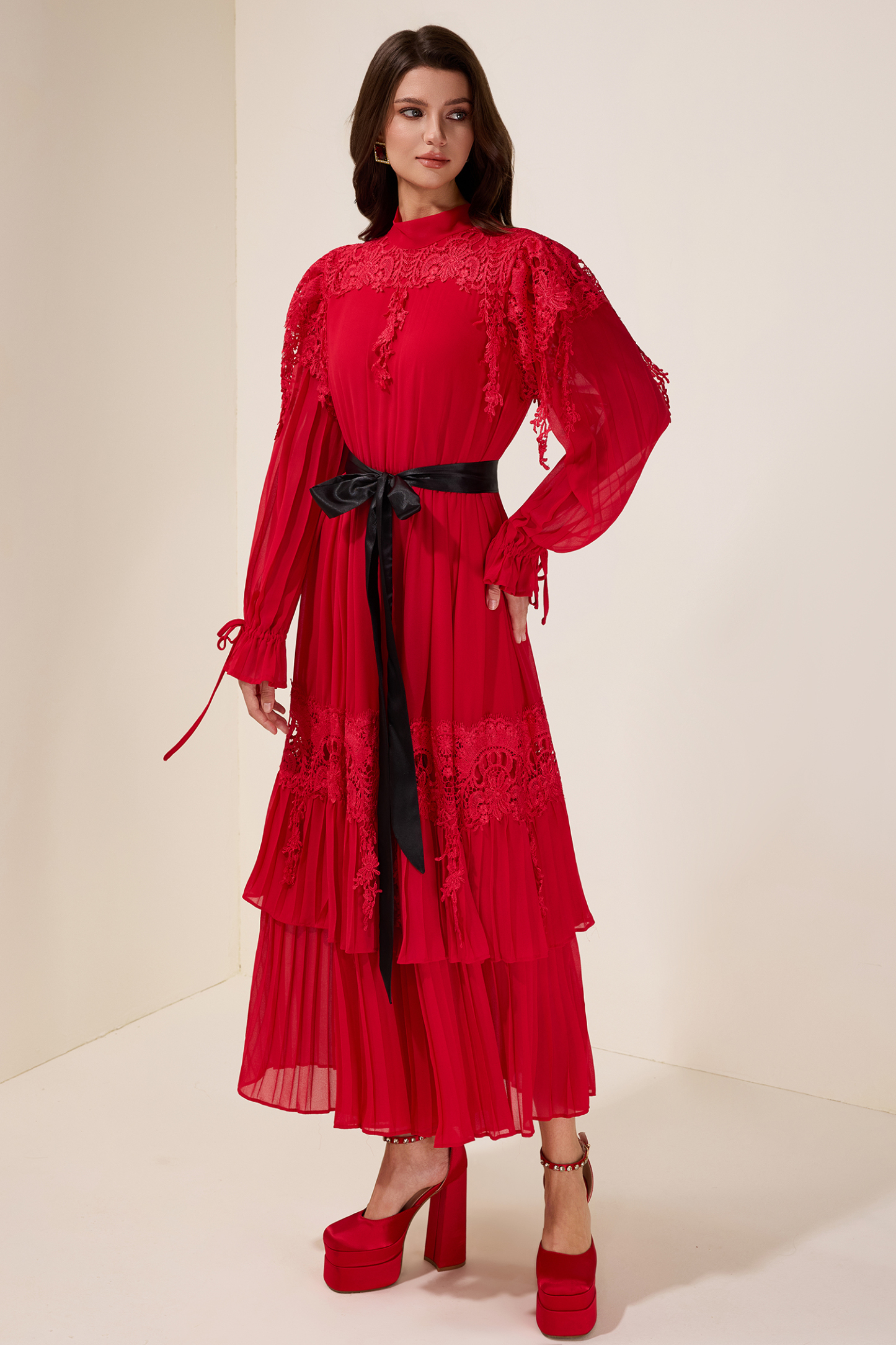 Lace Splicing Maxi Dress With Belt