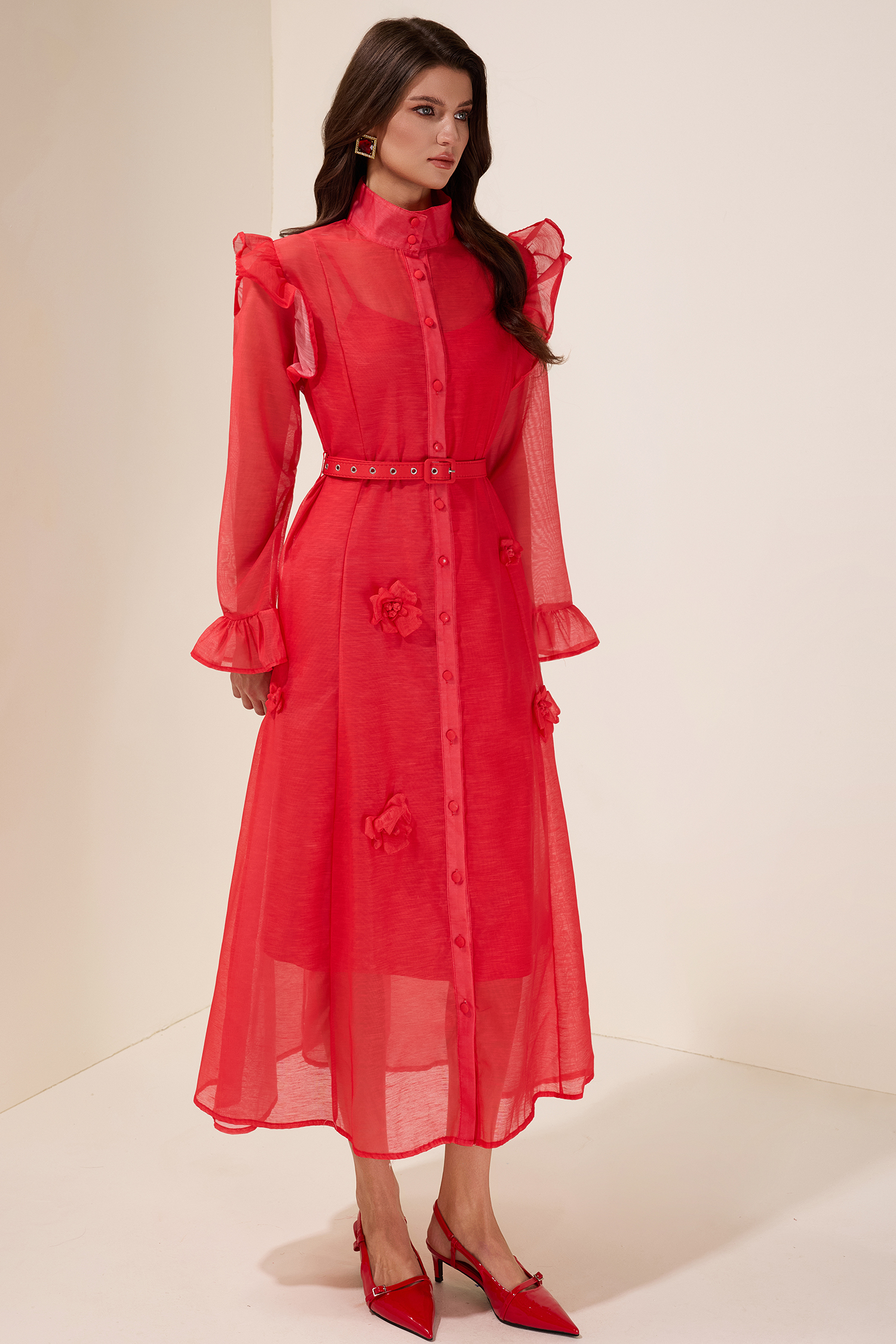 Solid 3D Flower Single Breasted Midi Dress With Belt