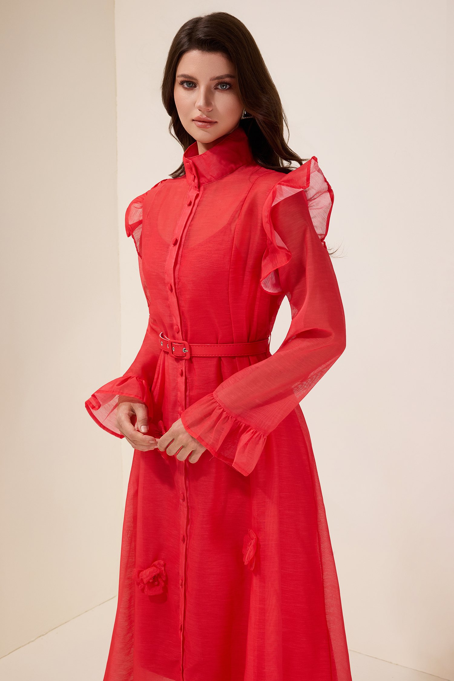 Solid 3D Flower Single Breasted Midi Dress With Belt