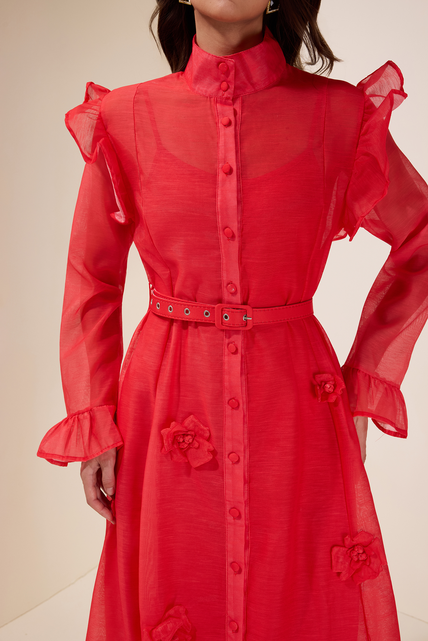 Solid 3D Flower Single Breasted Midi Dress With Belt