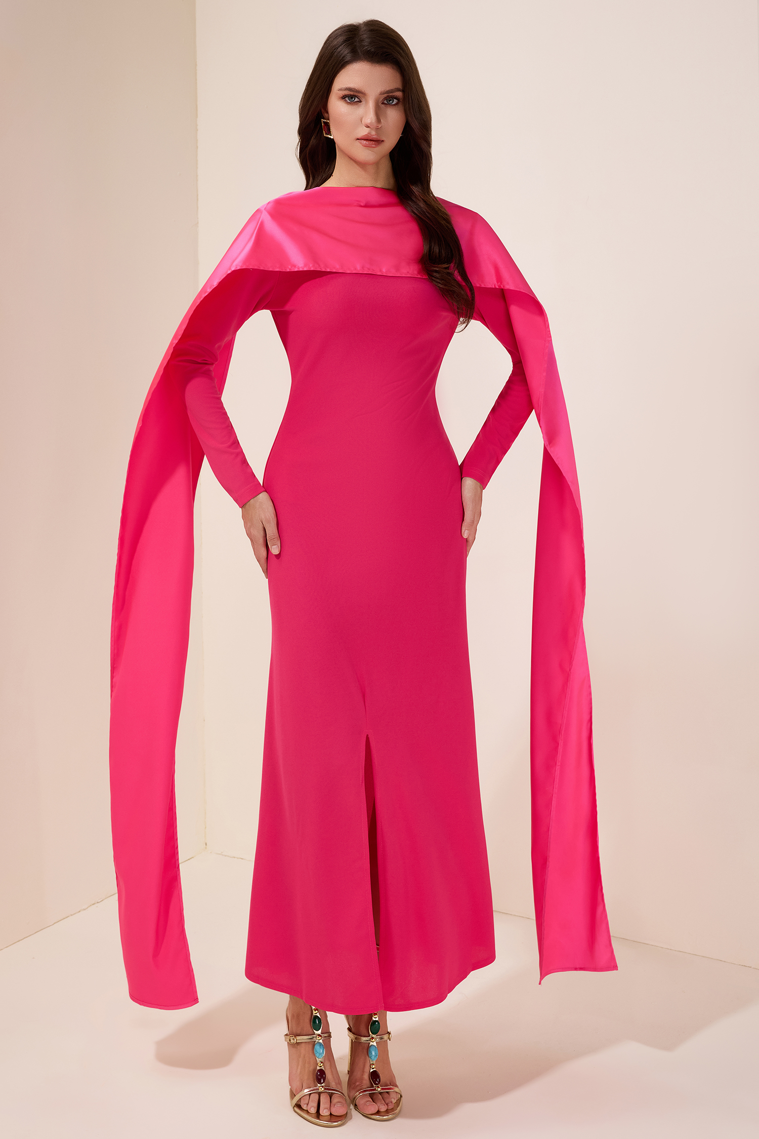 Faux Pearl Slit Long Sleeve Maxi Dress