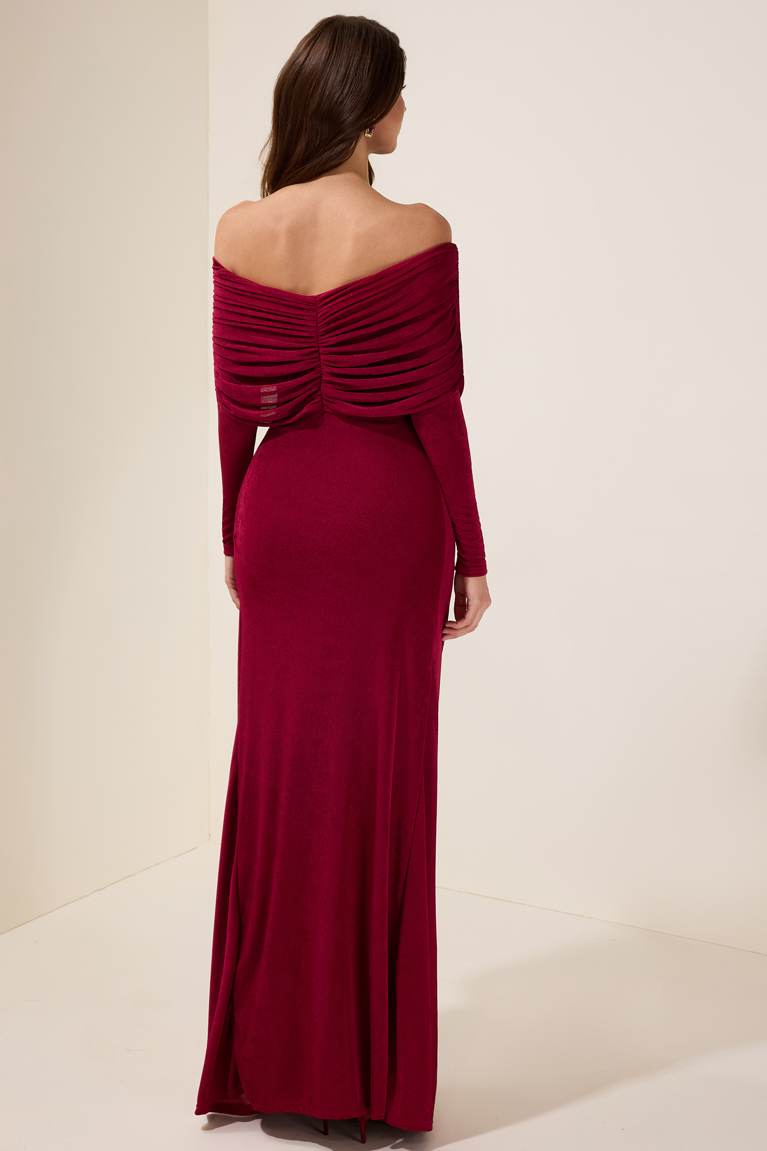 Solid Gathering Long Sleeve Maxi Dress