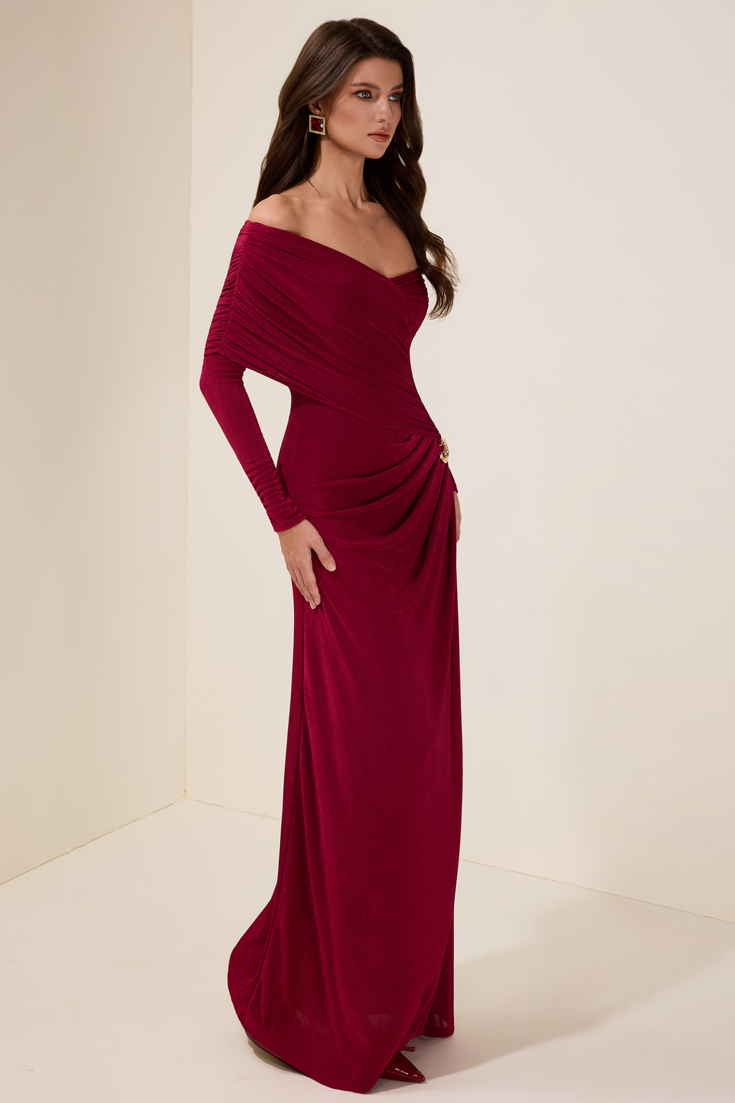Solid Gathering Long Sleeve Maxi Dress