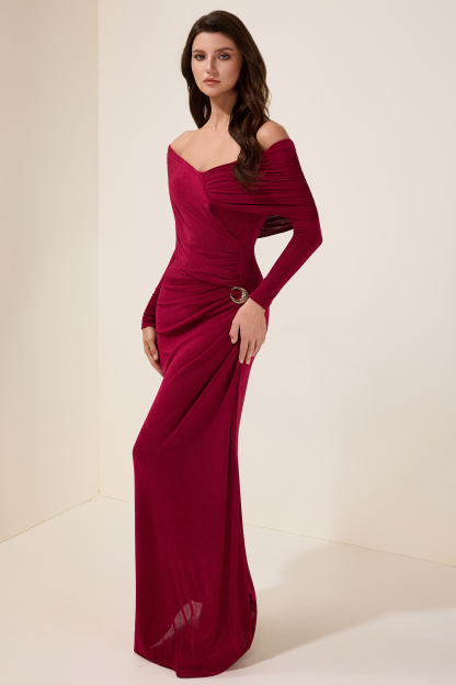 Solid Gathering Long Sleeve Maxi Dress