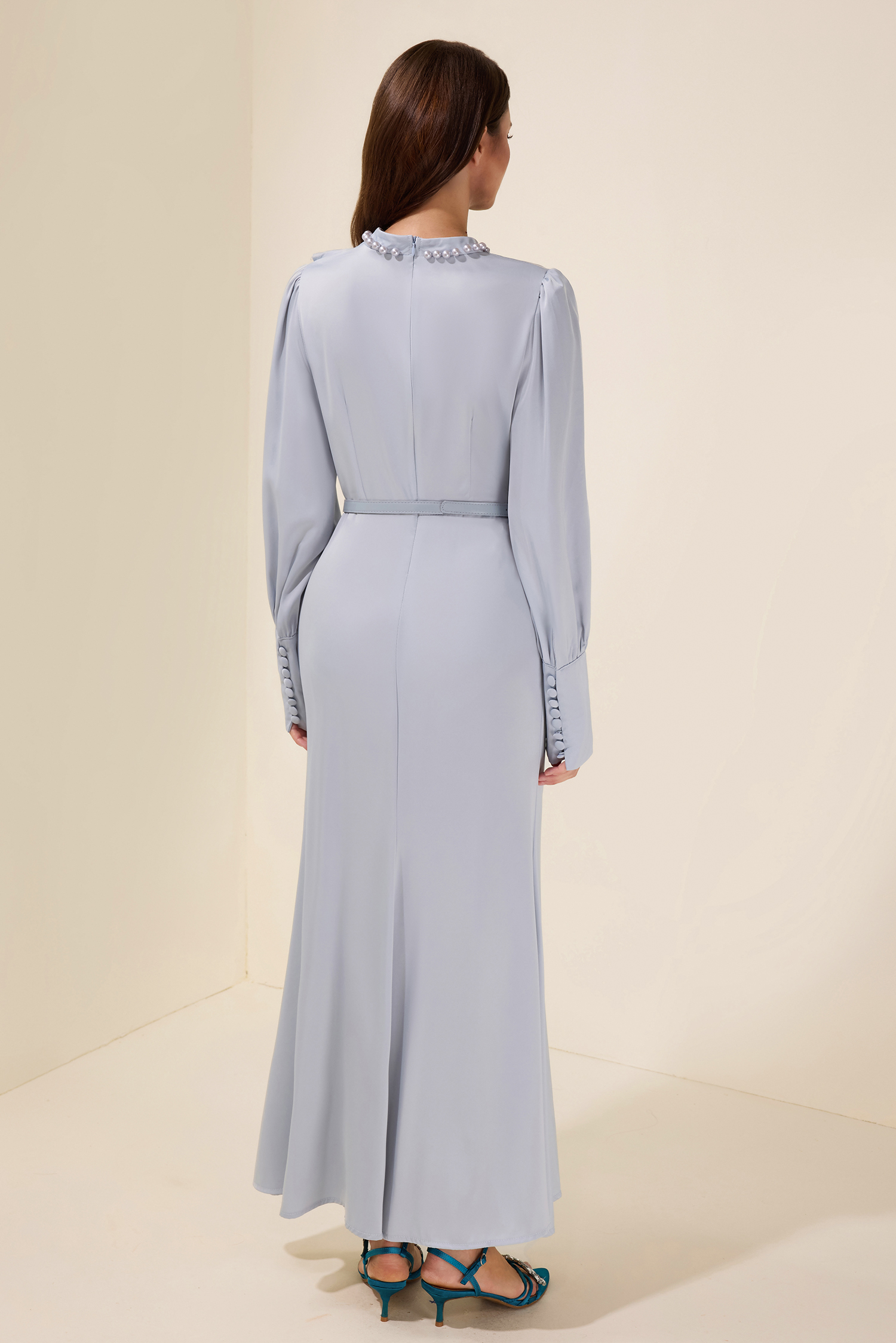 Faux Pearl Lantern Sleeve Midi Dress