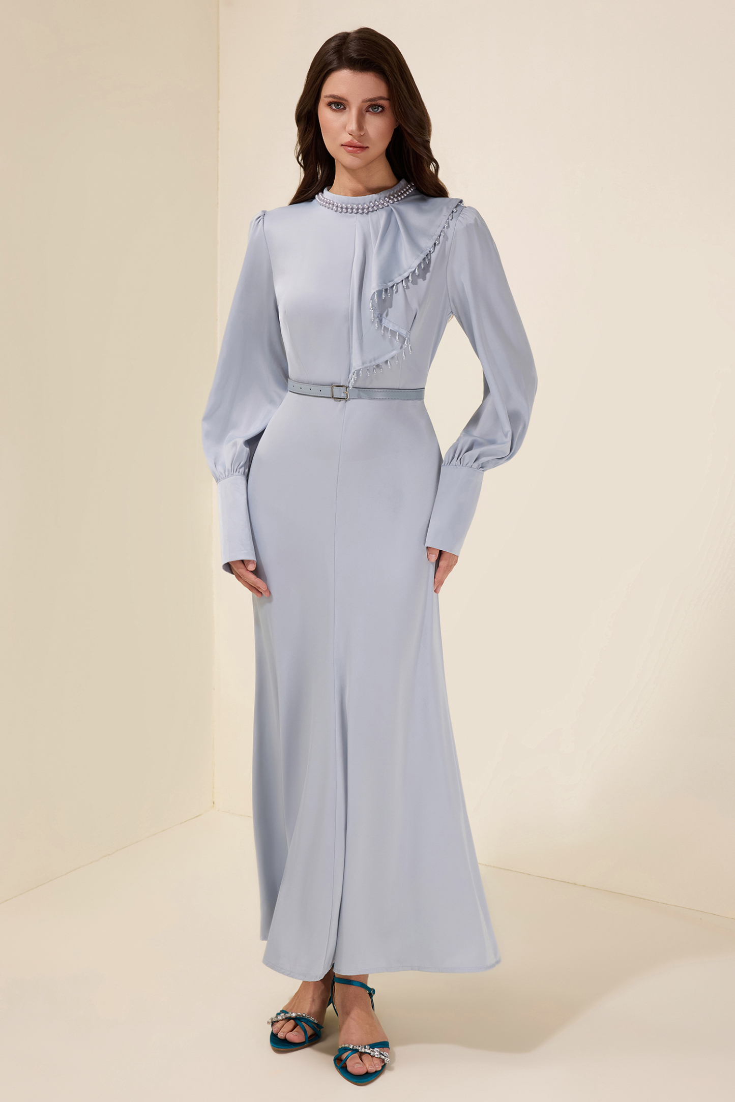 Faux Pearl Lantern Sleeve Midi Dress