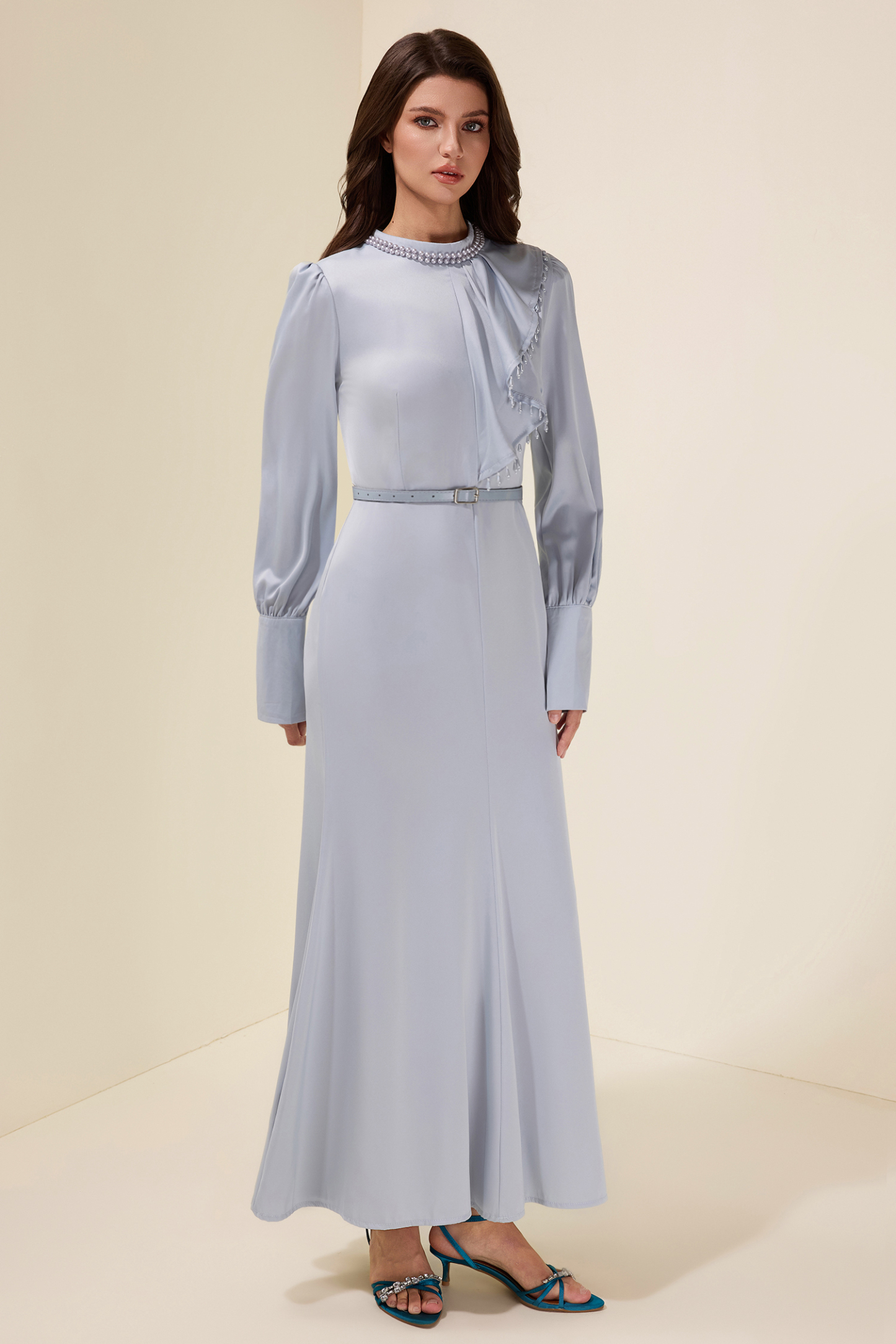 Faux Pearl Lantern Sleeve Midi Dress