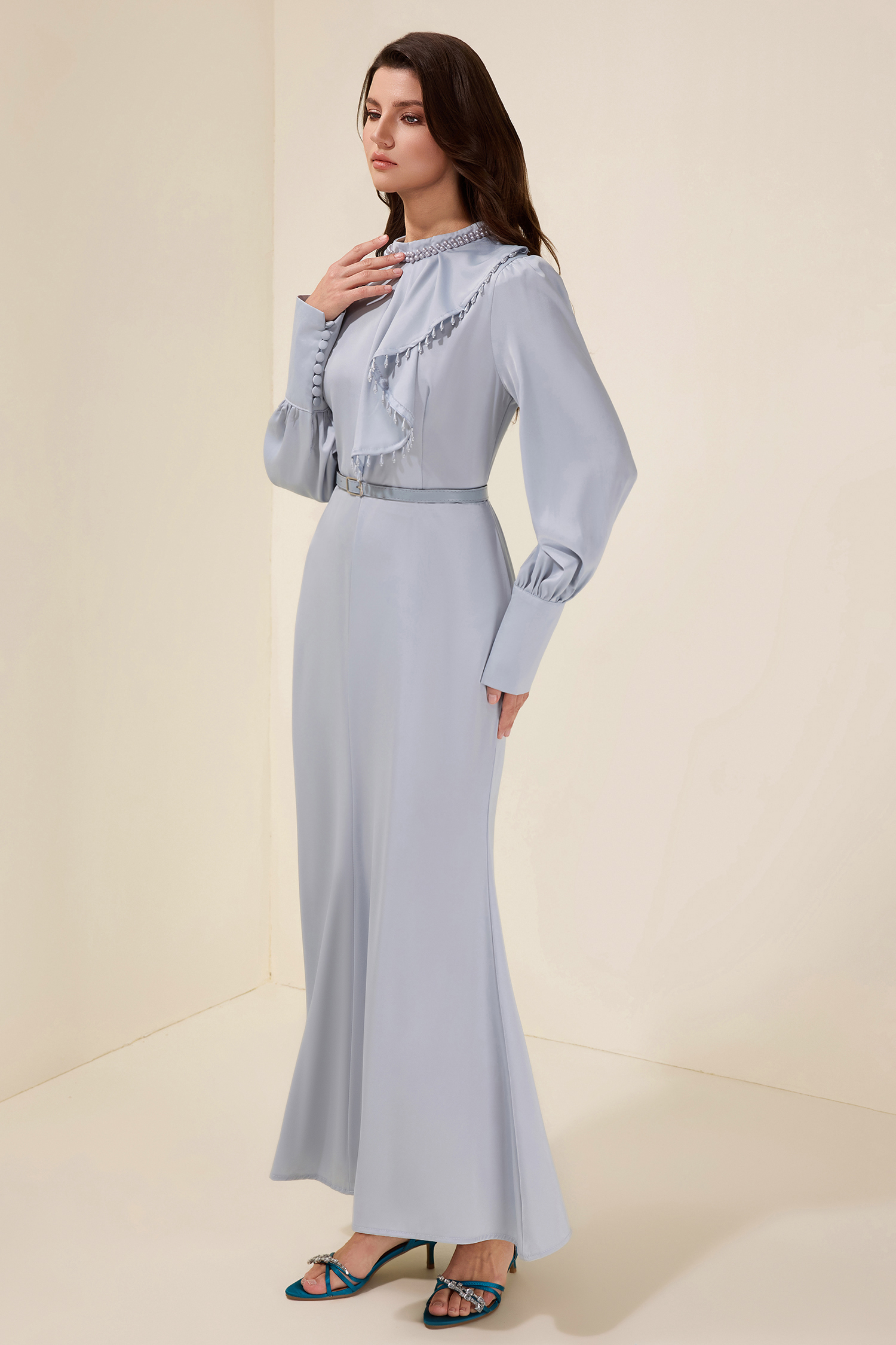 Faux Pearl Lantern Sleeve Midi Dress