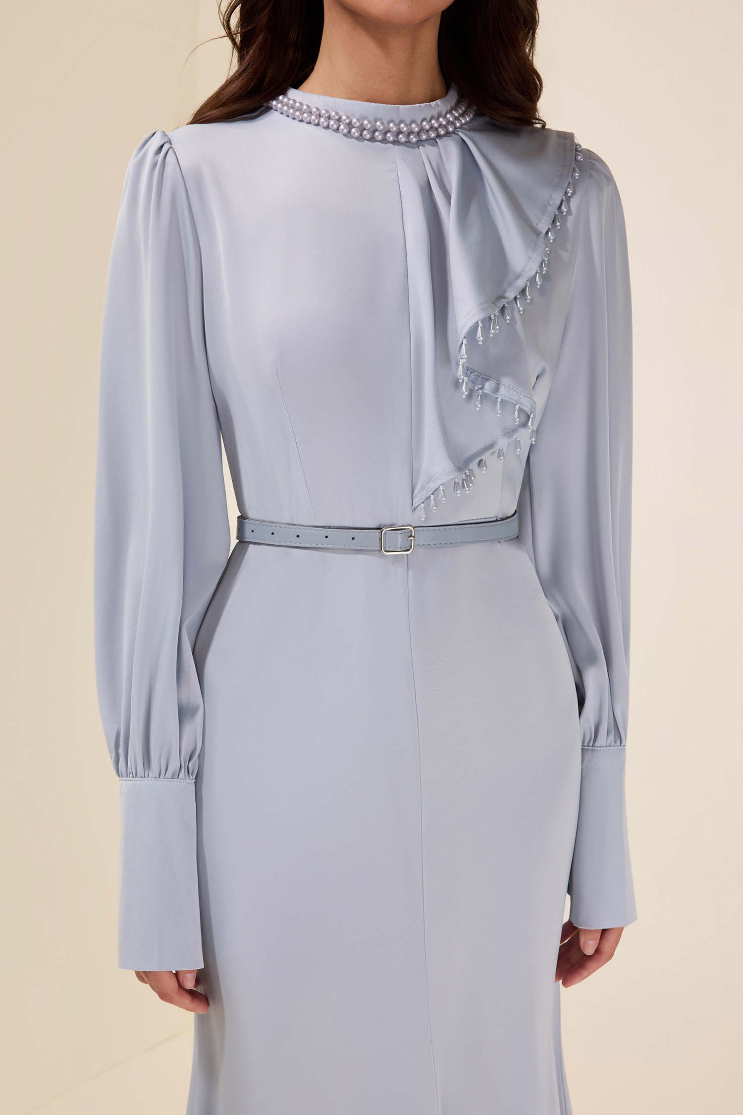 Faux Pearl Lantern Sleeve Midi Dress