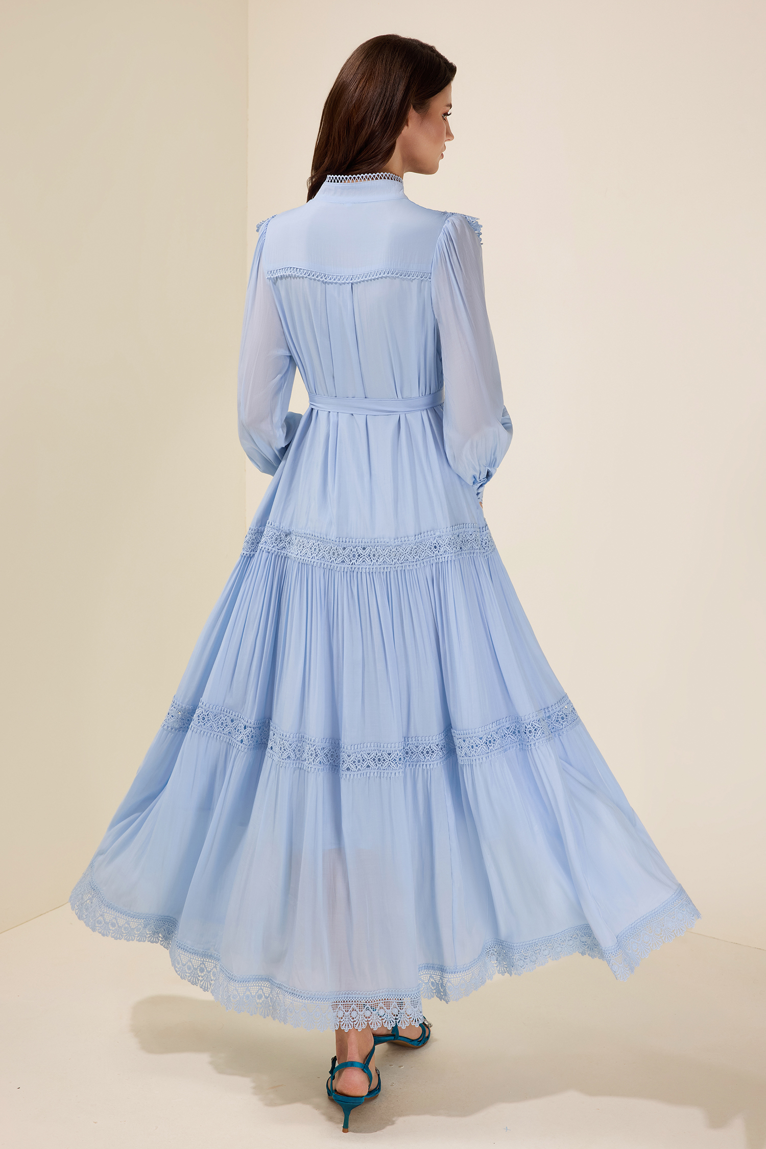 Lace Pleated Single Breasted Midi Dress