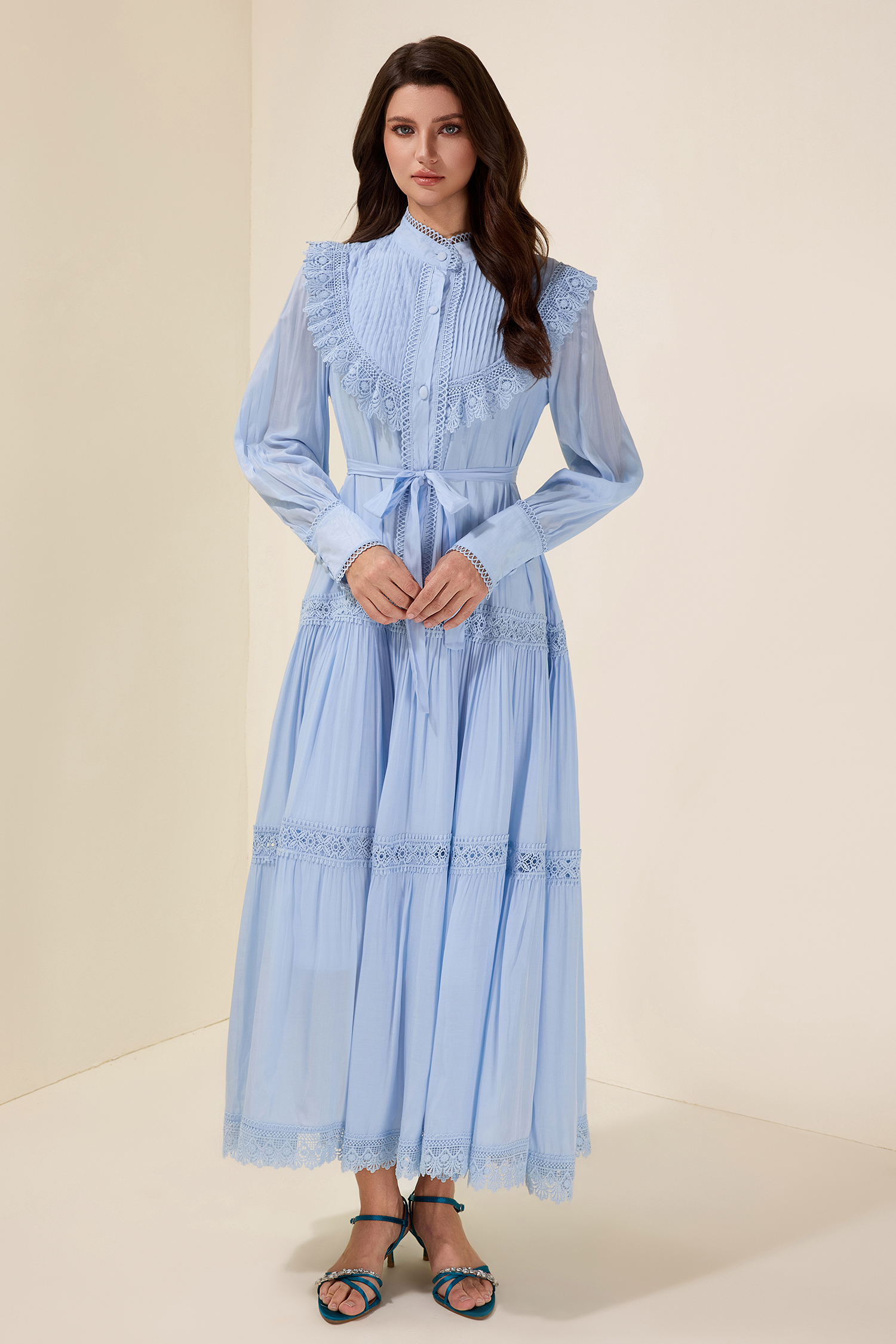 Lace Pleated Single Breasted Midi Dress