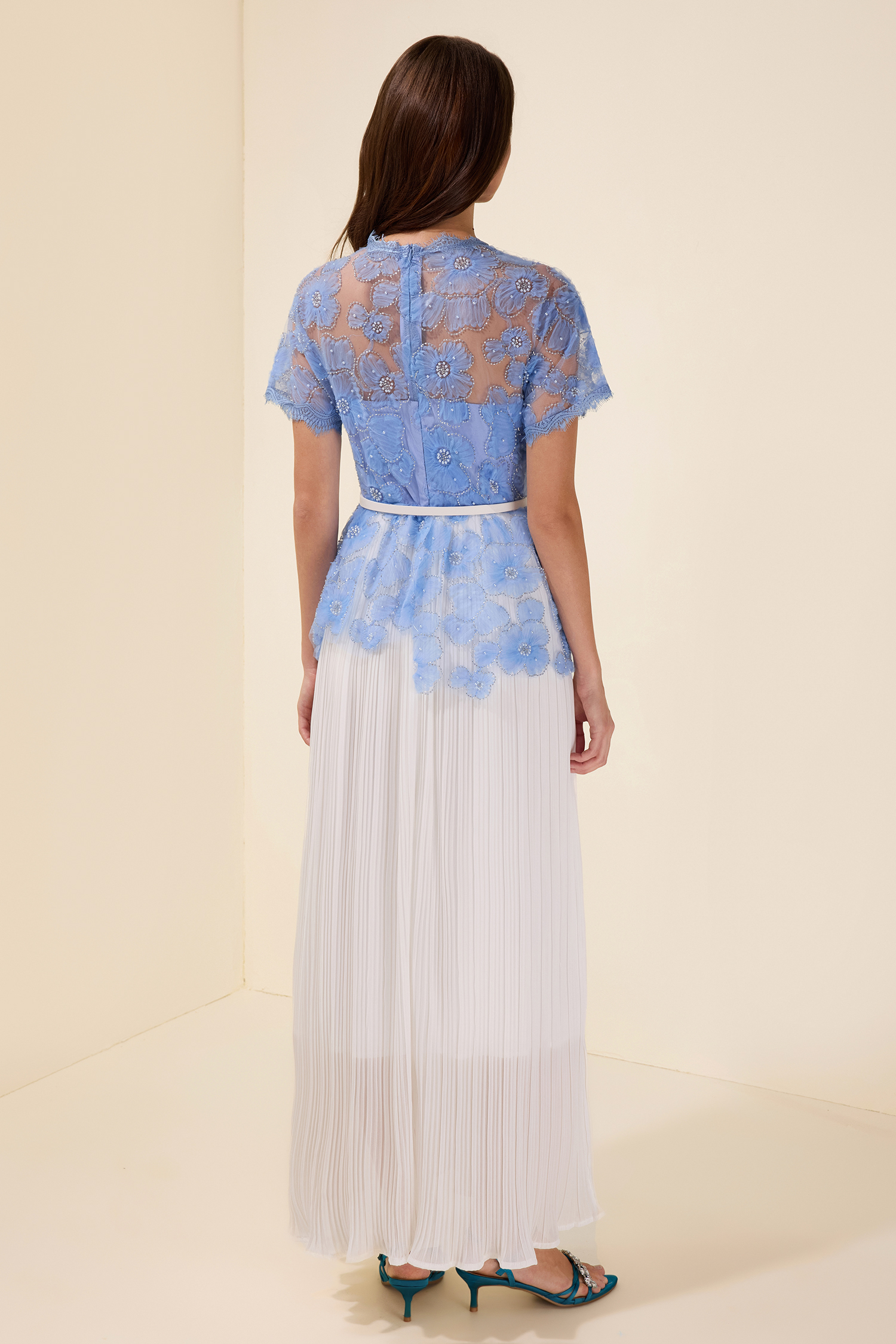 Lace Splicing Pleated Midi Dress With Belt