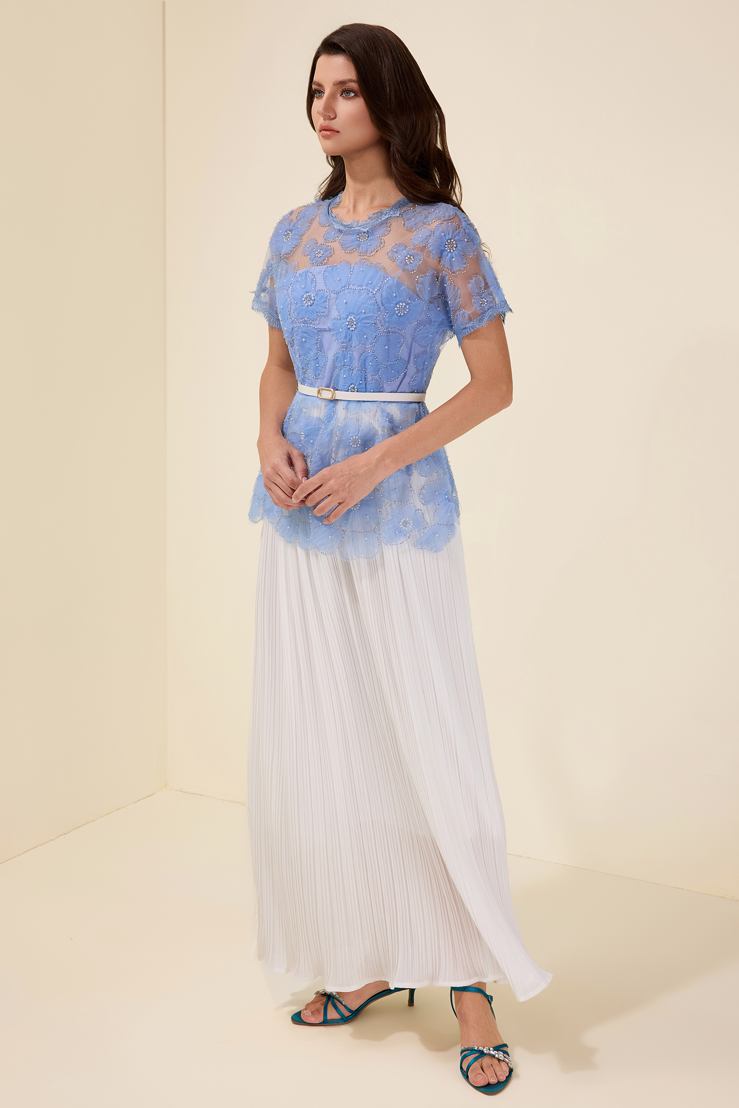 Lace Splicing Pleated Midi Dress With Belt