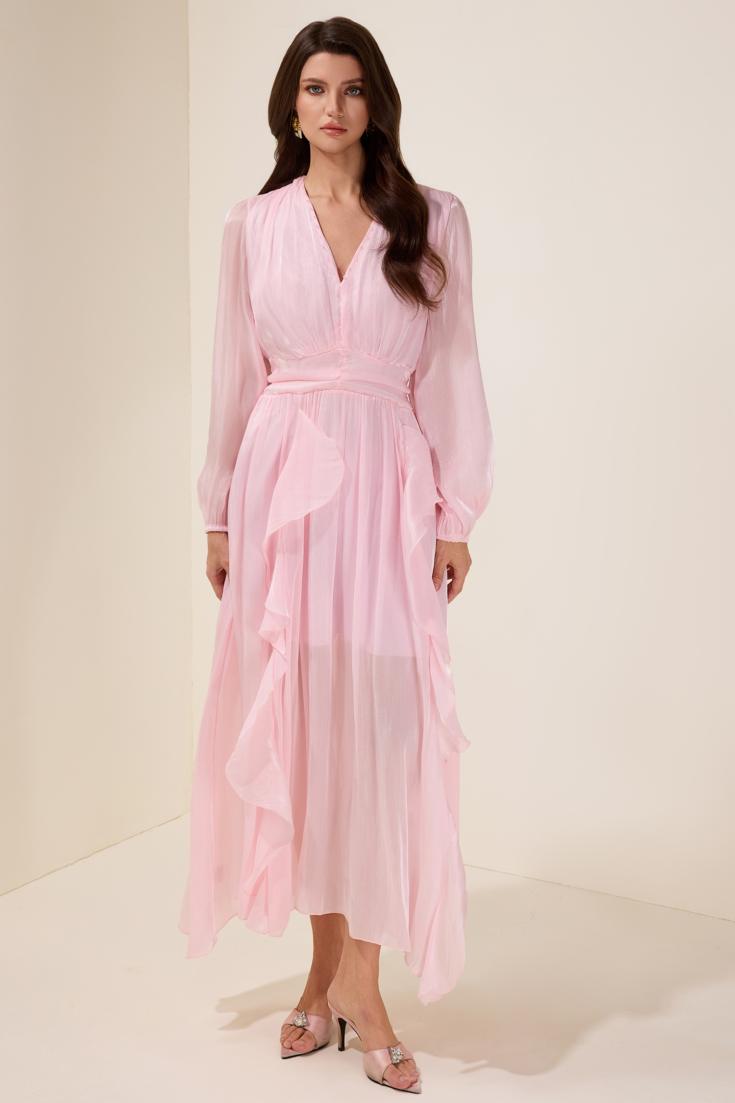 Solid Rivet Ruffle Midi Dress