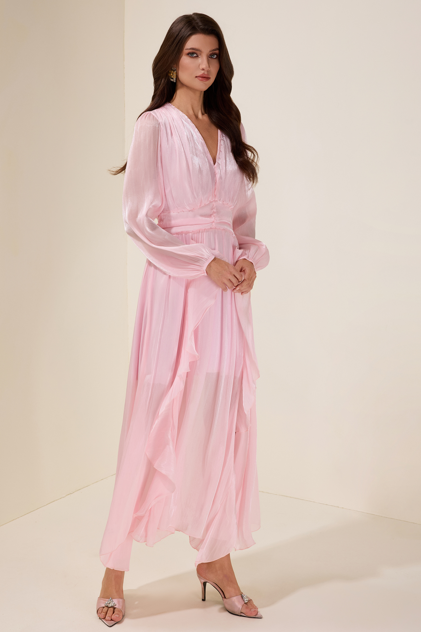 Solid Rivet Ruffle Midi Dress