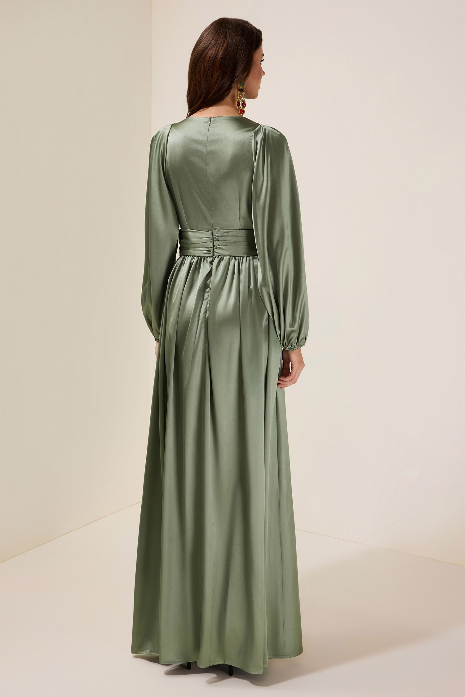Satin 3D Flower Lantern Sleeve Maxi Dress