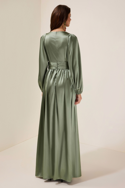 Satin 3D Flower Lantern Sleeve Maxi Dress