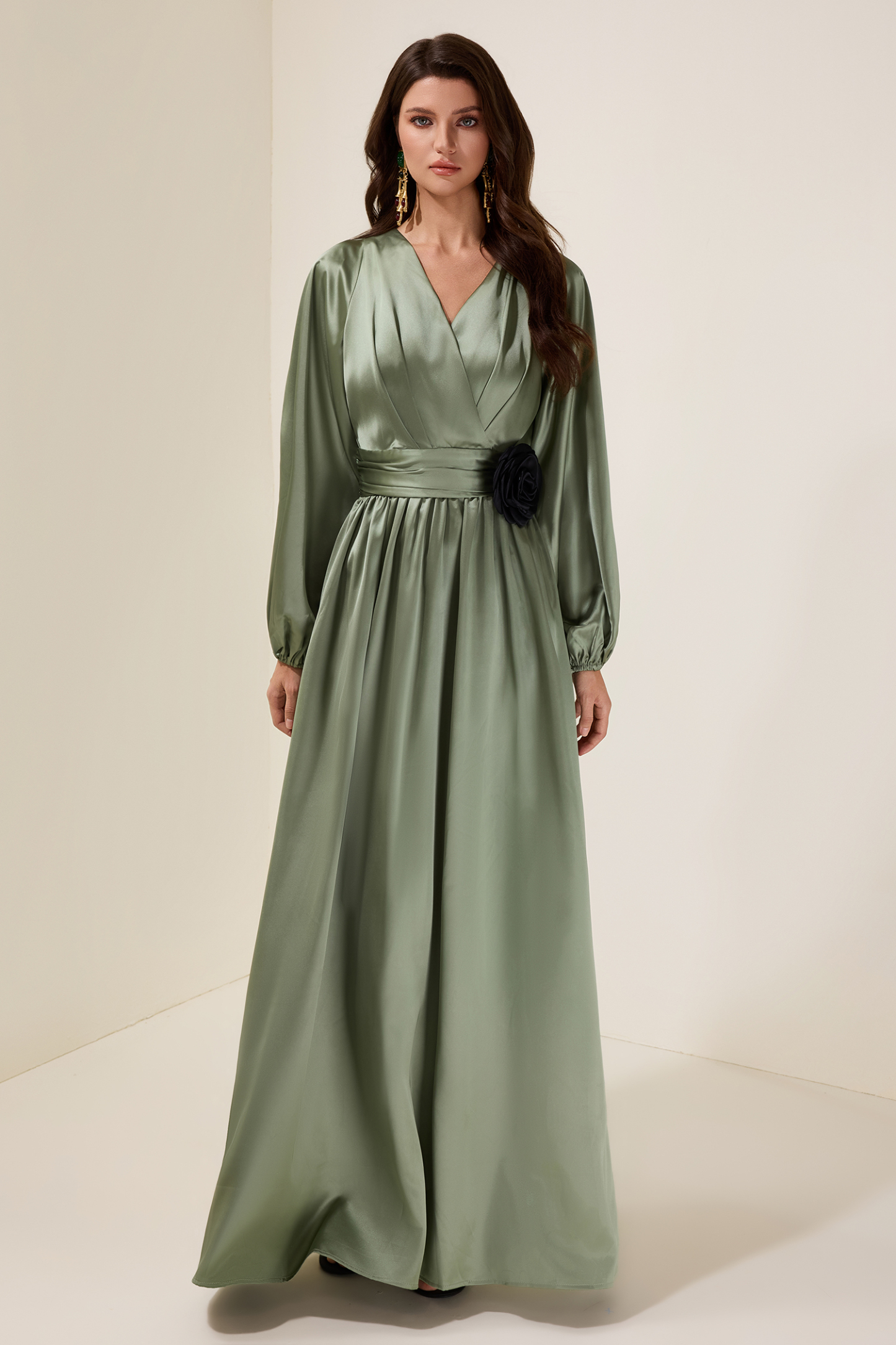 Satin 3D Flower Lantern Sleeve Maxi Dress