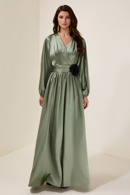Satin 3D Flower Lantern Sleeve Maxi Dress
