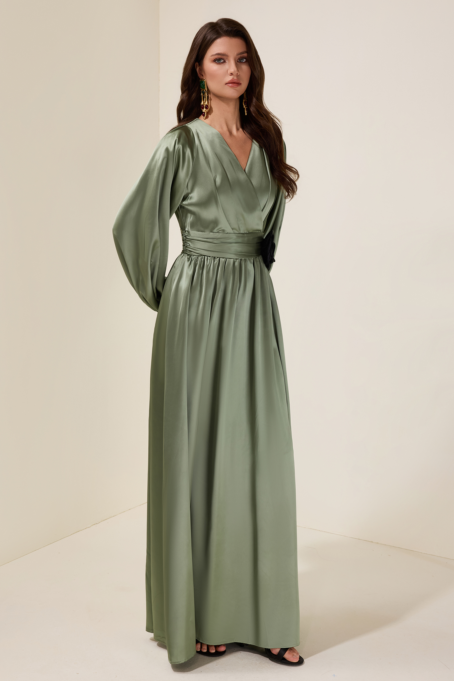 Satin 3D Flower Lantern Sleeve Maxi Dress