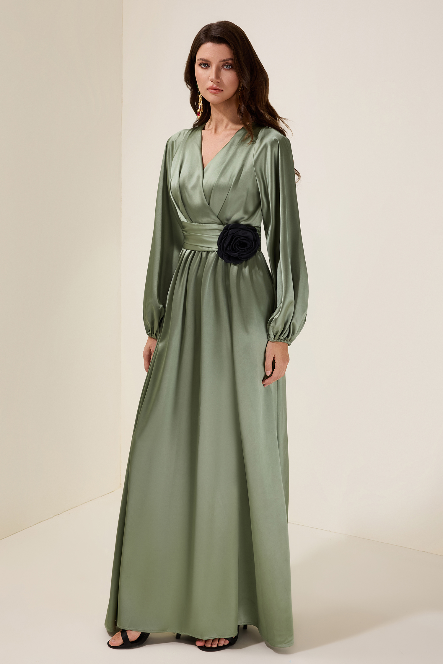 Satin 3D Flower Lantern Sleeve Maxi Dress