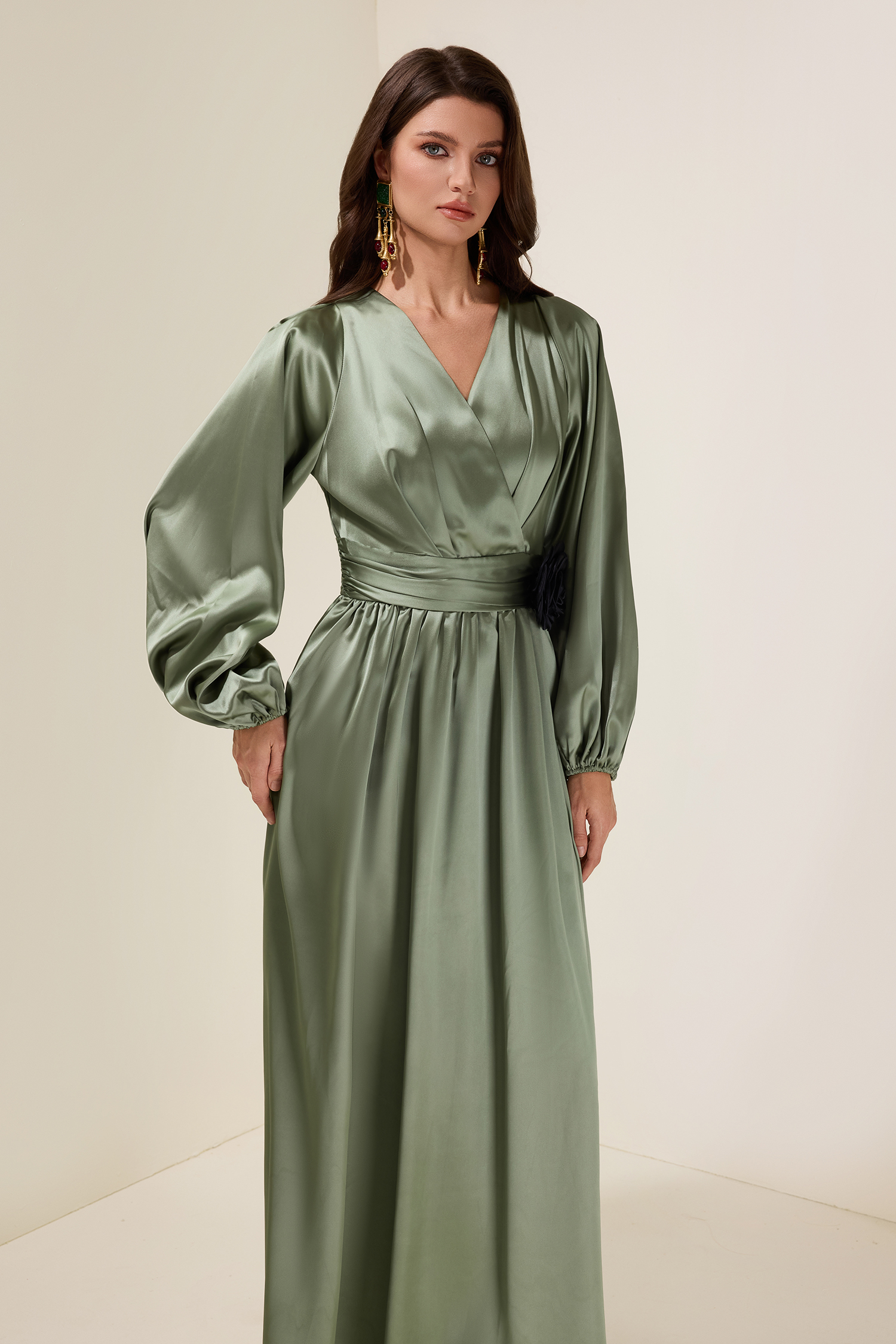 Satin 3D Flower Lantern Sleeve Maxi Dress
