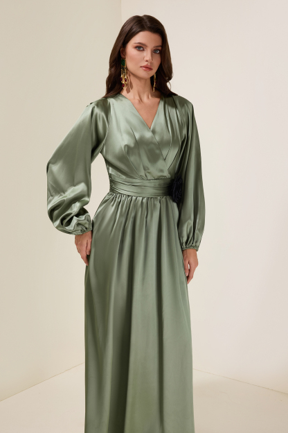 Satin 3D Flower Lantern Sleeve Maxi Dress
