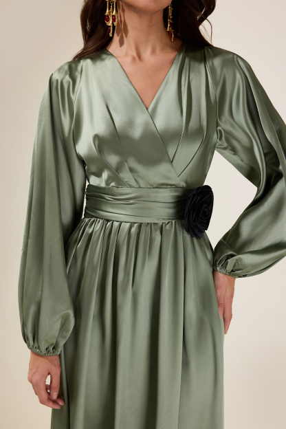 Satin 3D Flower Lantern Sleeve Maxi Dress