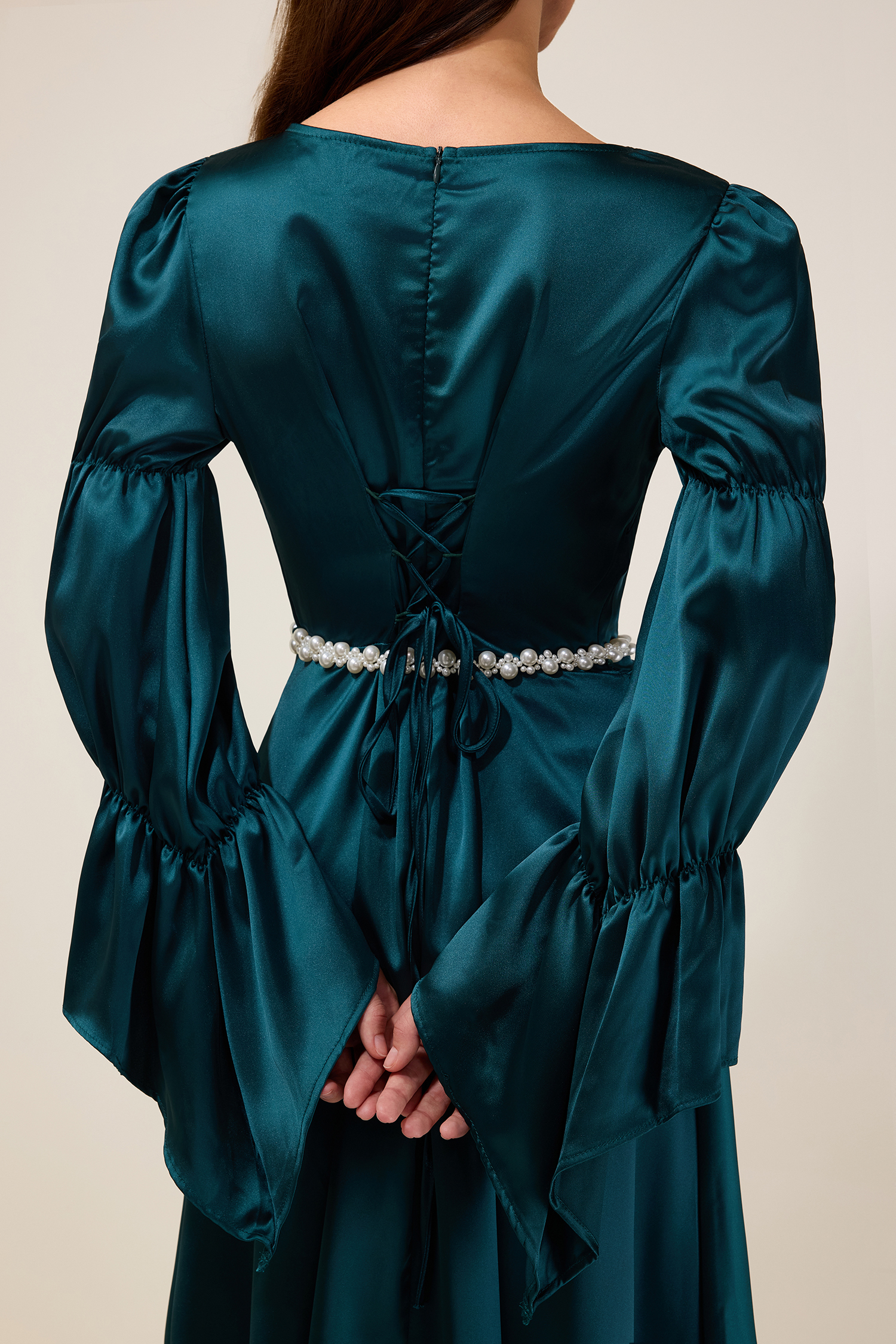 Satin Faux Pearl Round Neck Maxi Dress