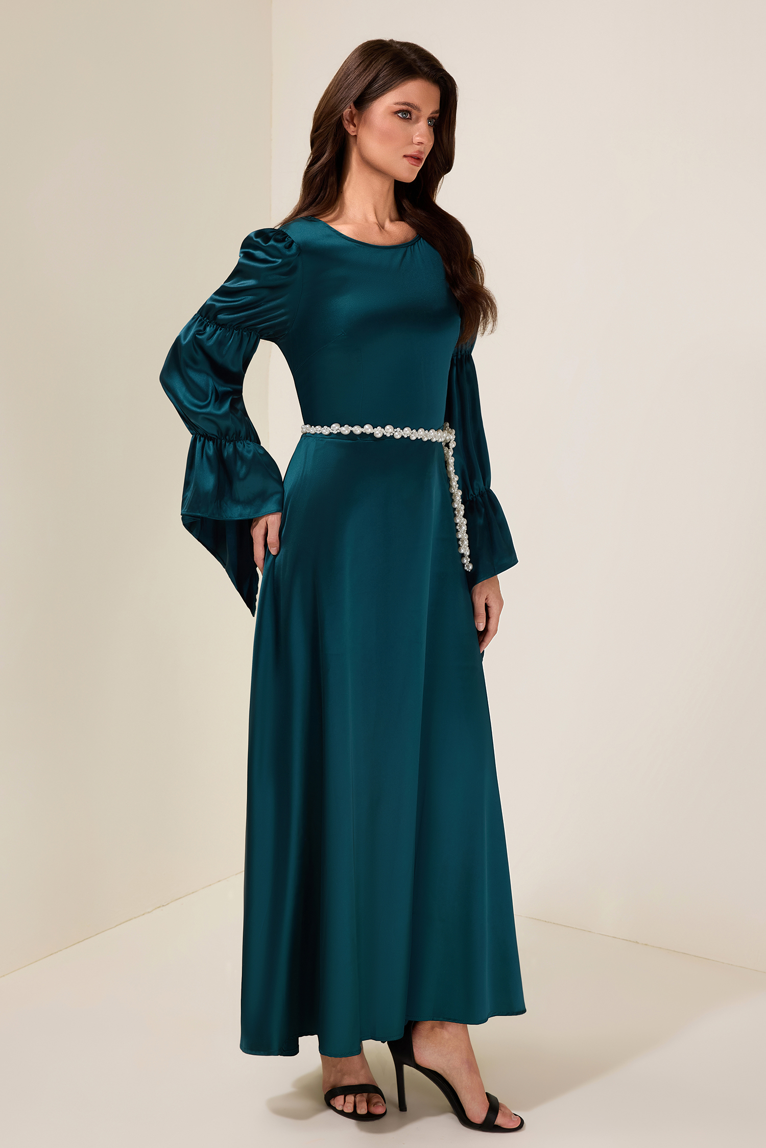 Satin Faux Pearl Round Neck Maxi Dress
