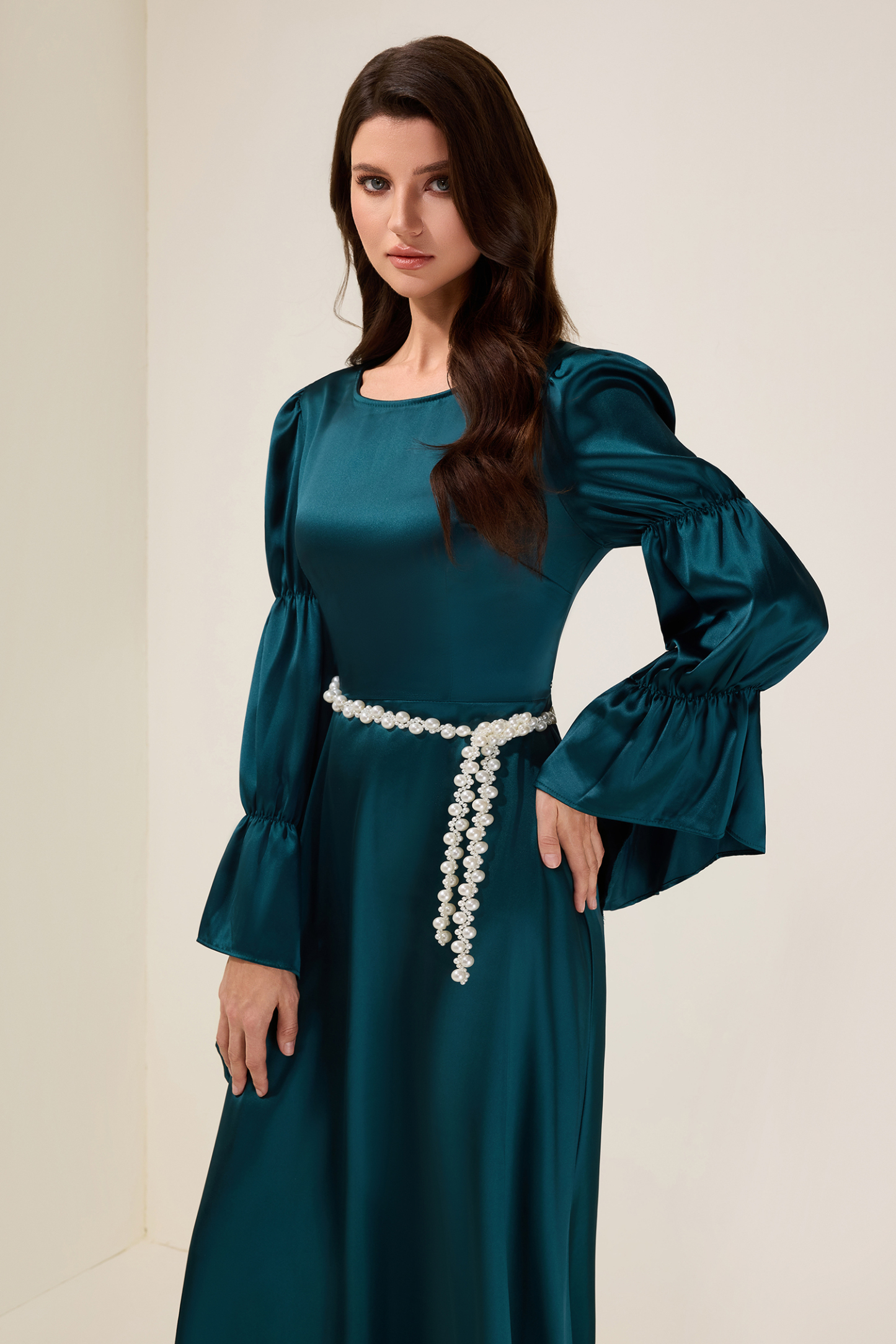 Satin Faux Pearl Round Neck Maxi Dress