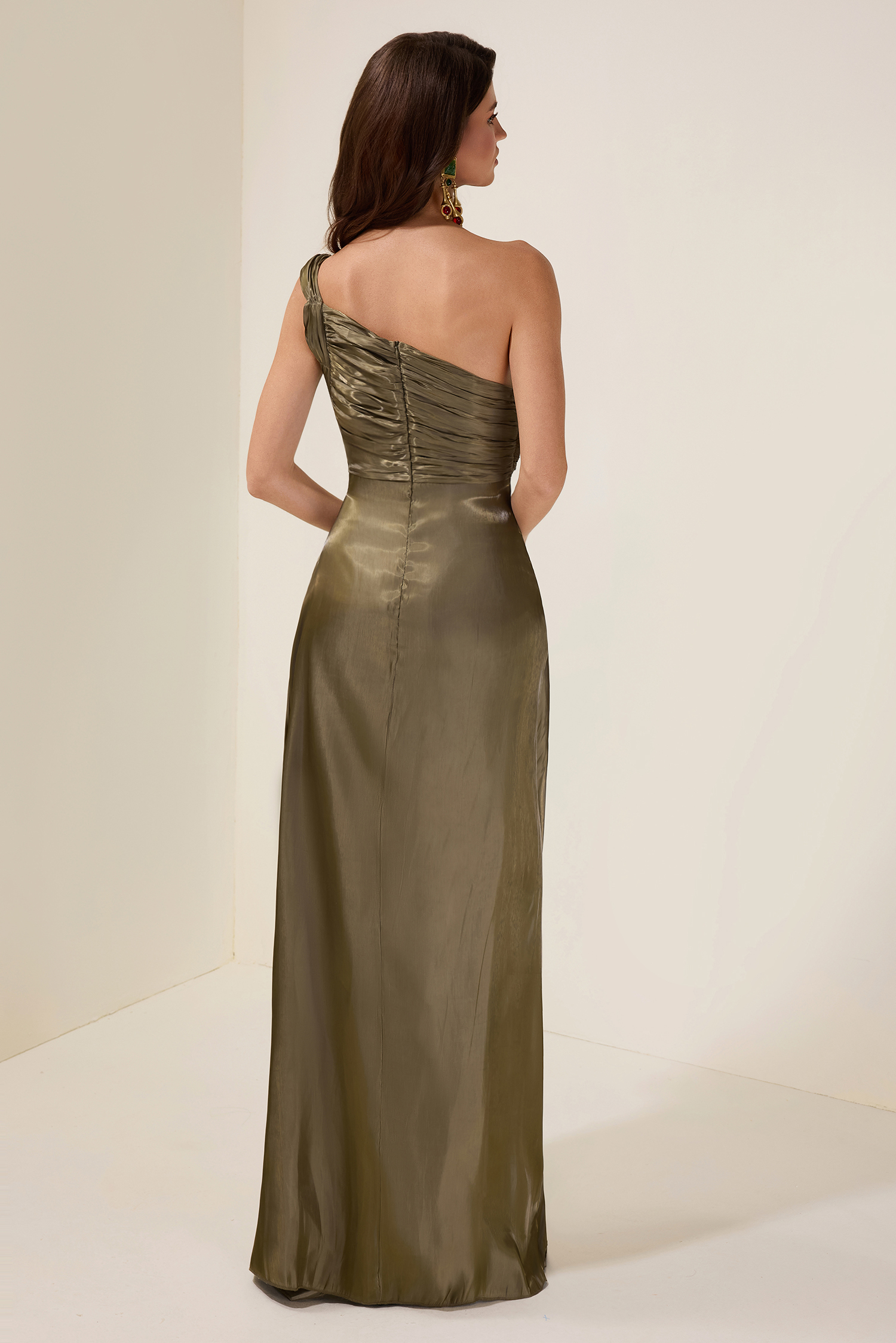 Solid Gathering Skew Collar Maxi Dress