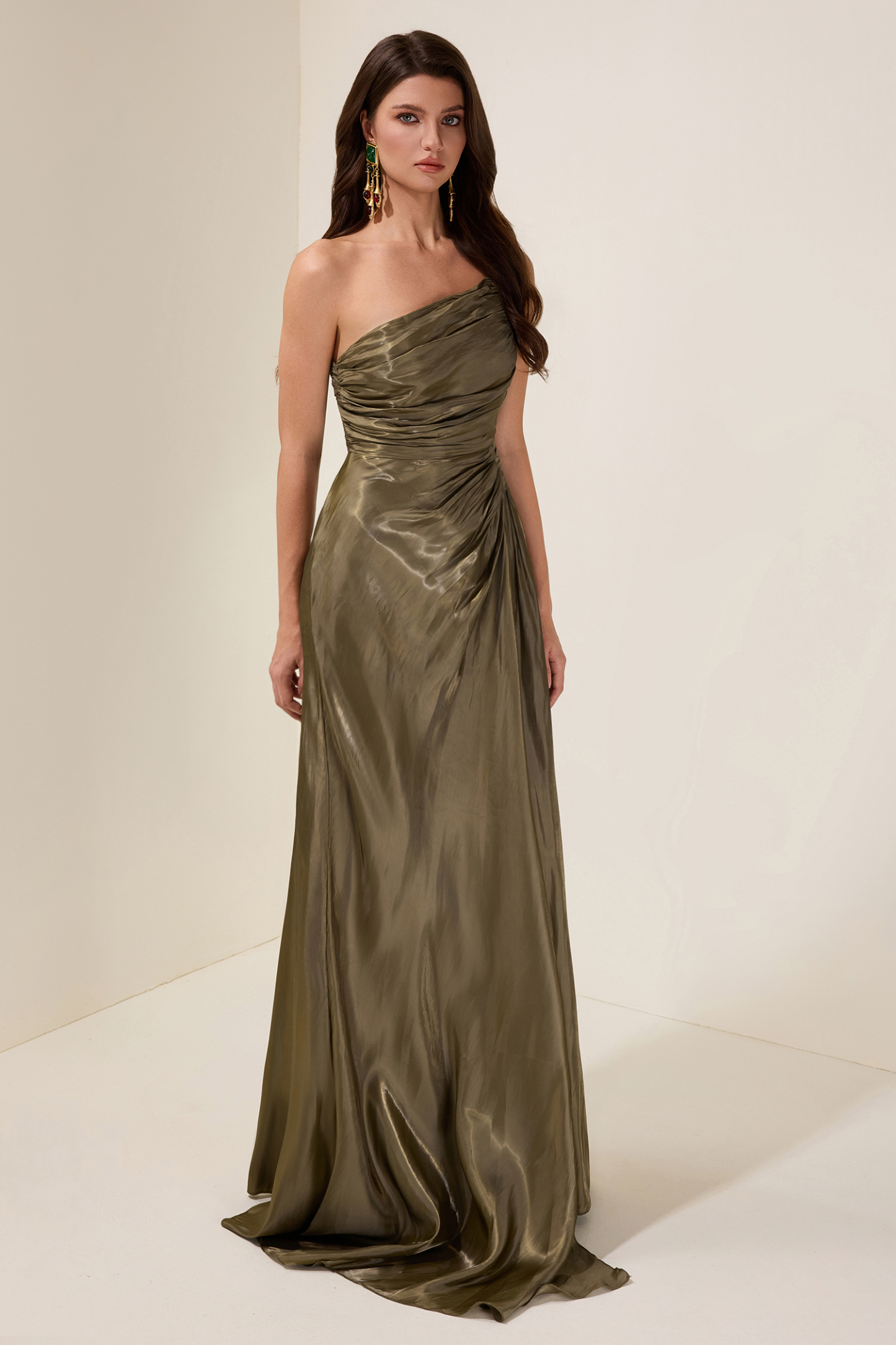 Solid Gathering Skew Collar Maxi Dress