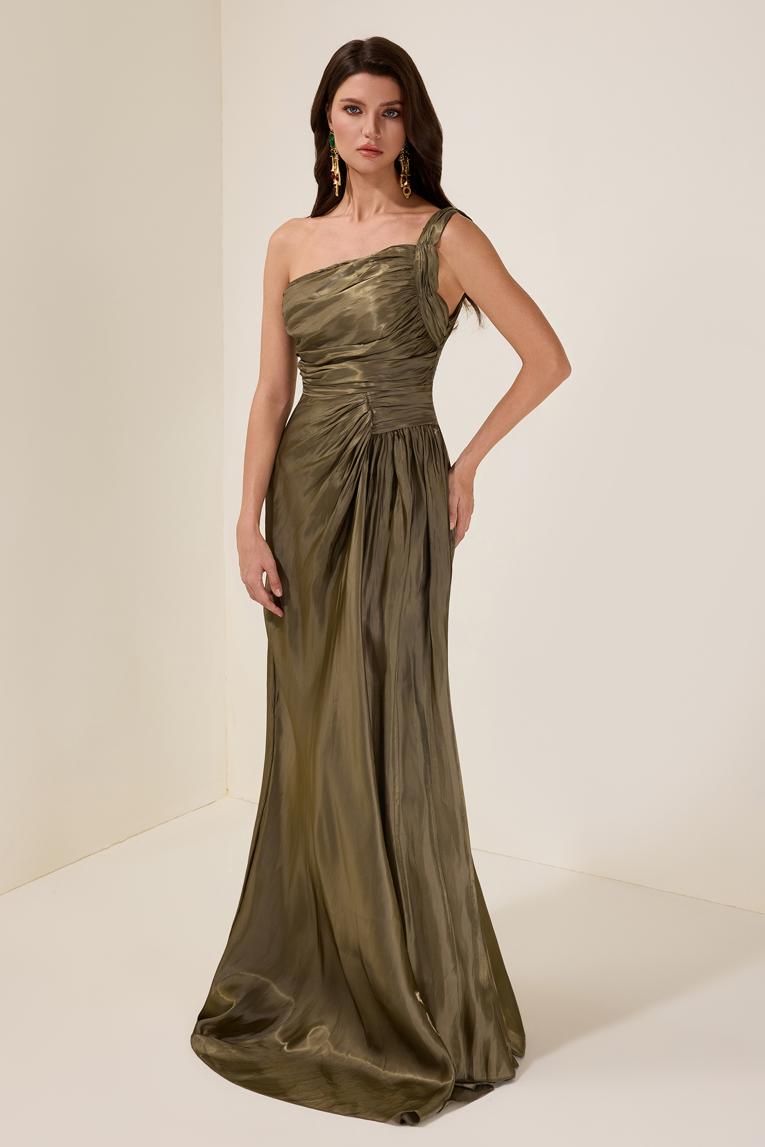 Solid Gathering Skew Collar Maxi Dress