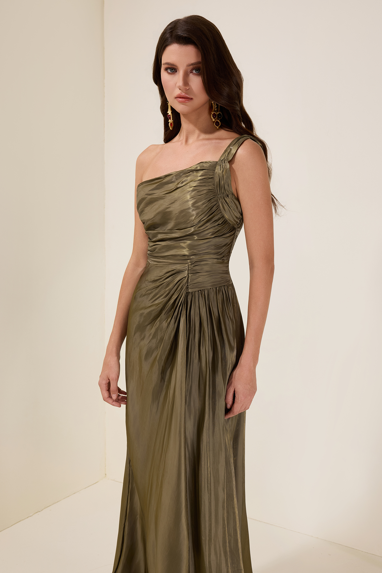 Solid Gathering Skew Collar Maxi Dress