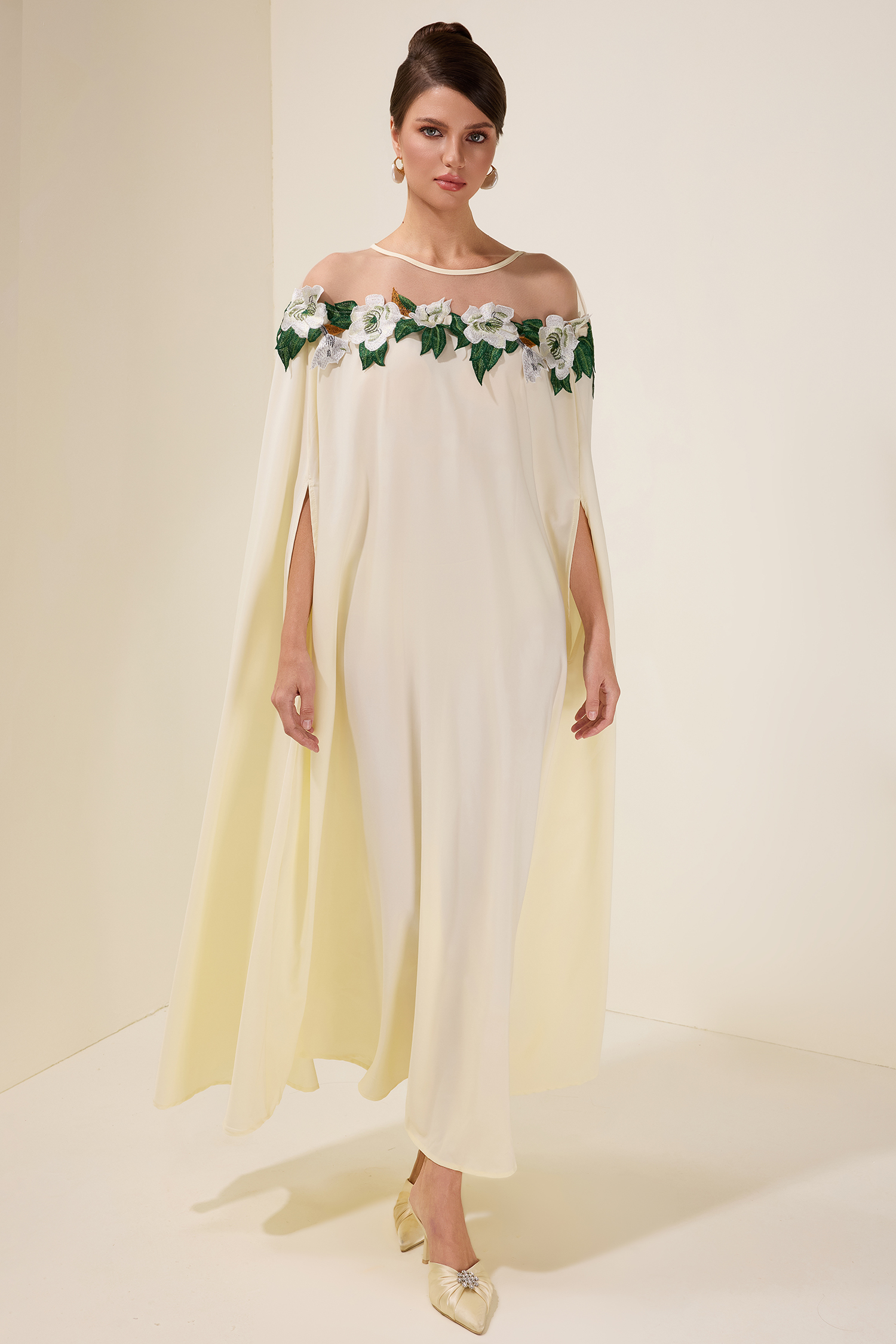 Embroidered Batwing Sleeve Midi Dress