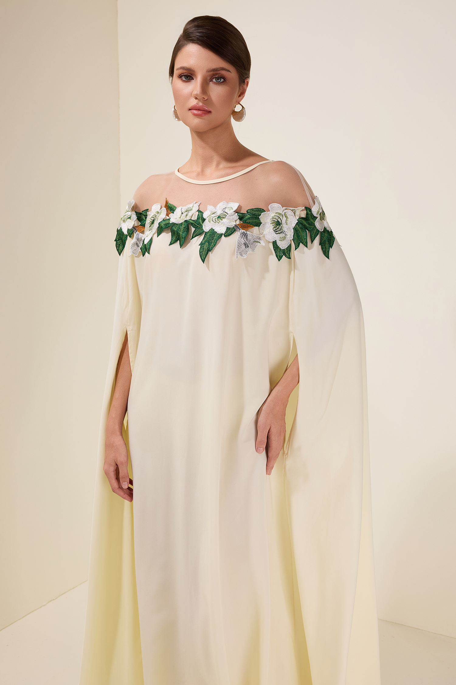 Embroidered Batwing Sleeve Midi Dress