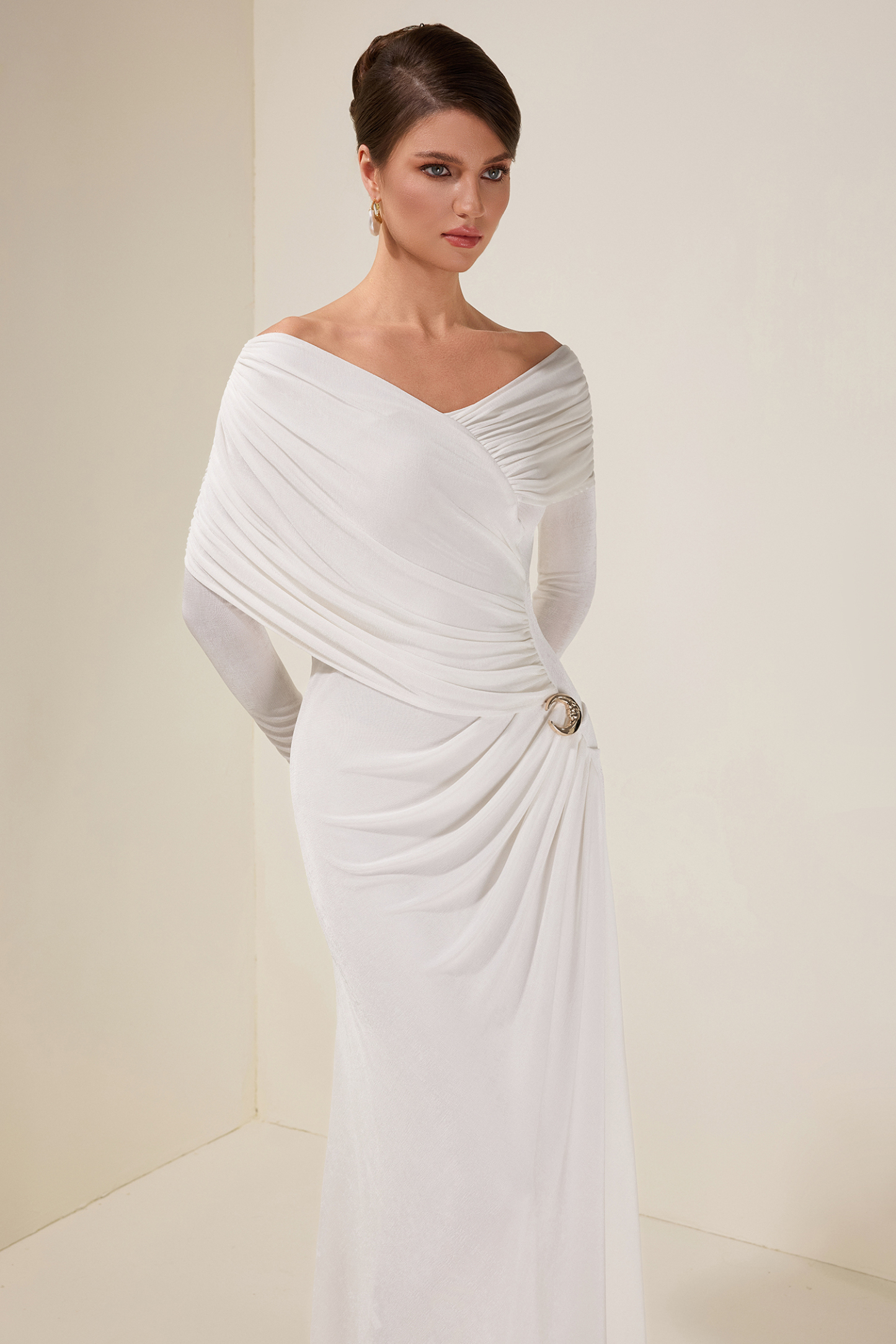 Solid Gathering Long Sleeve Maxi Dress