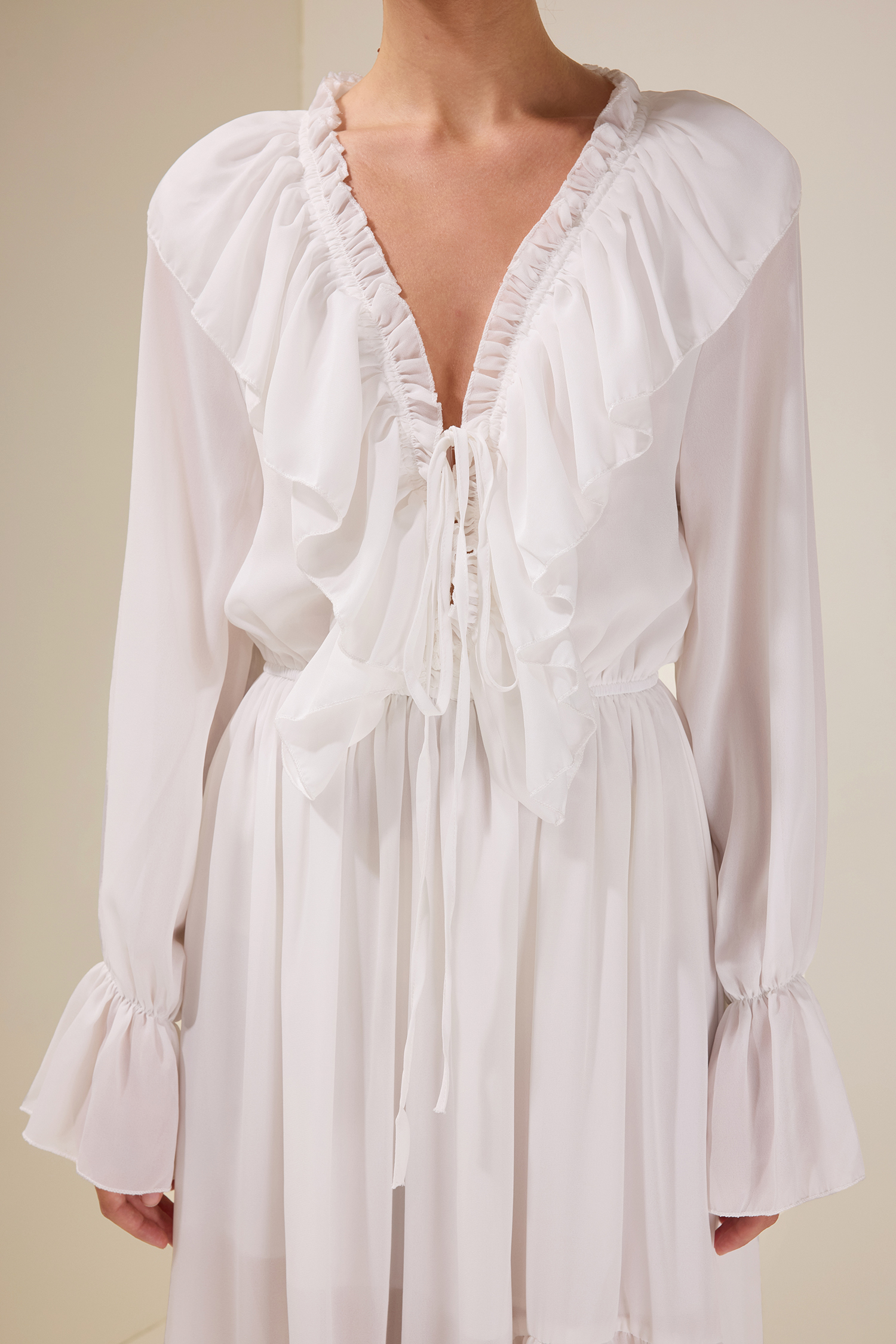 Chiffon Ruffle Lace-Up Midi Dress