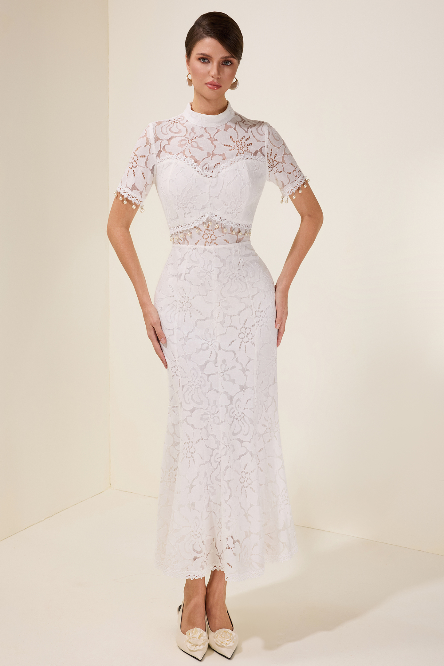 Lace See-Through Faux Pearl Midi Dress