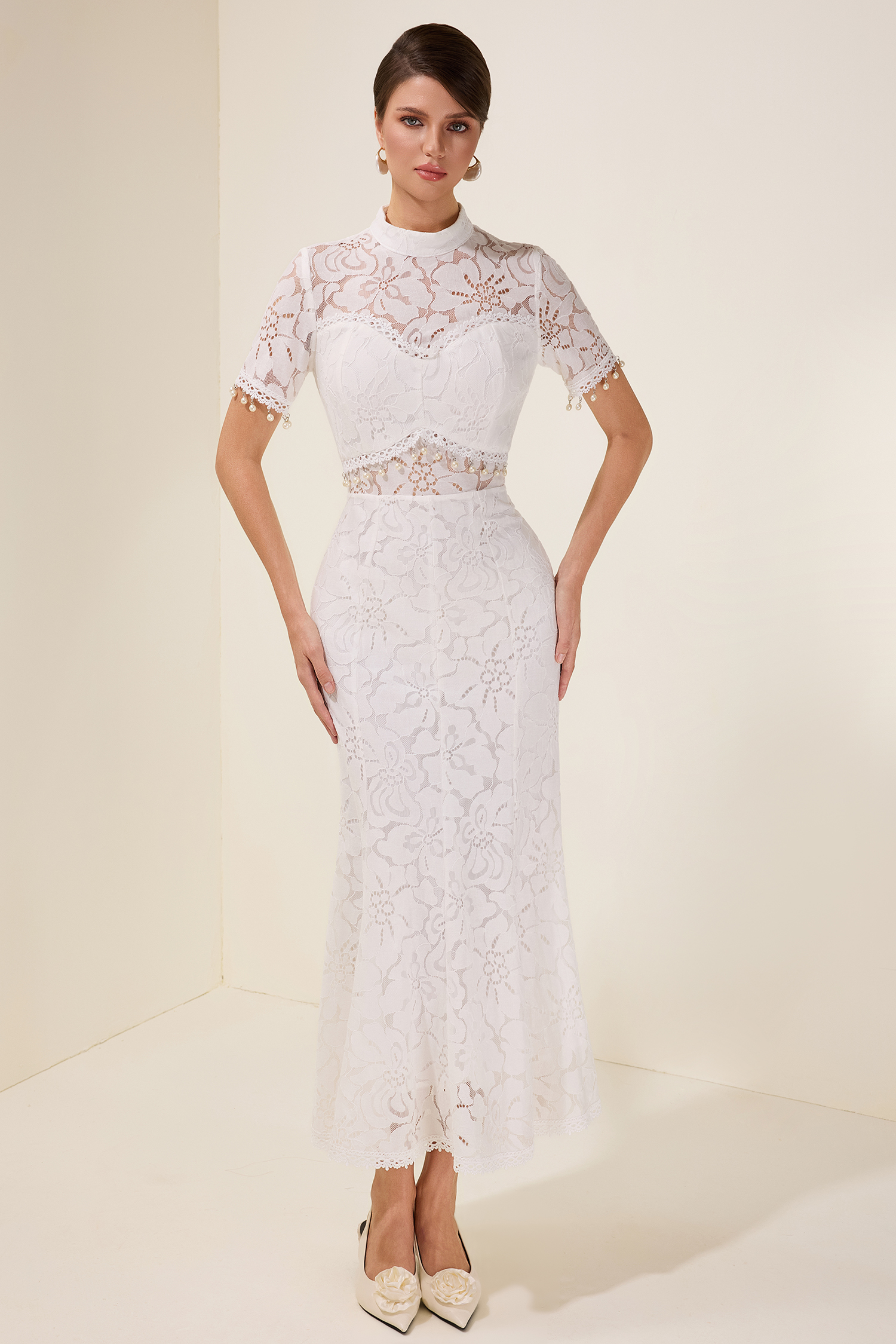 Lace See-Through Faux Pearl Midi Dress