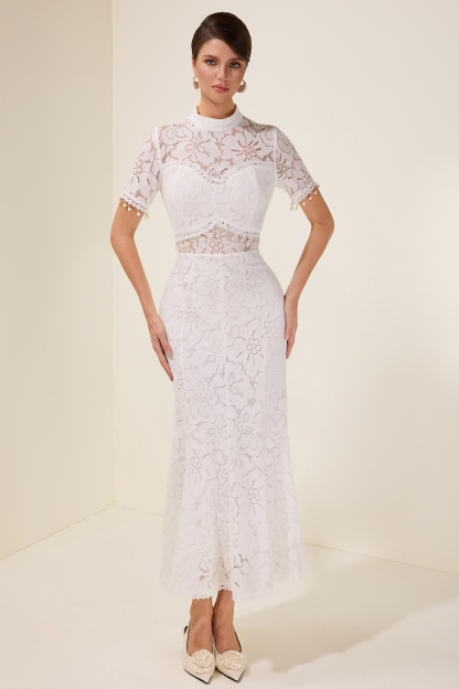 Lace See-Through Faux Pearl Midi Dress