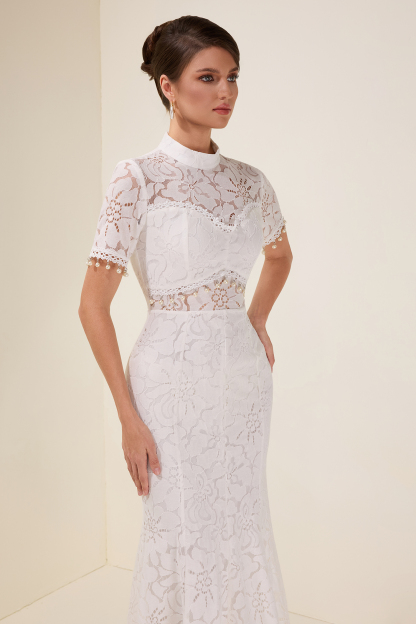 Lace See-Through Faux Pearl Midi Dress