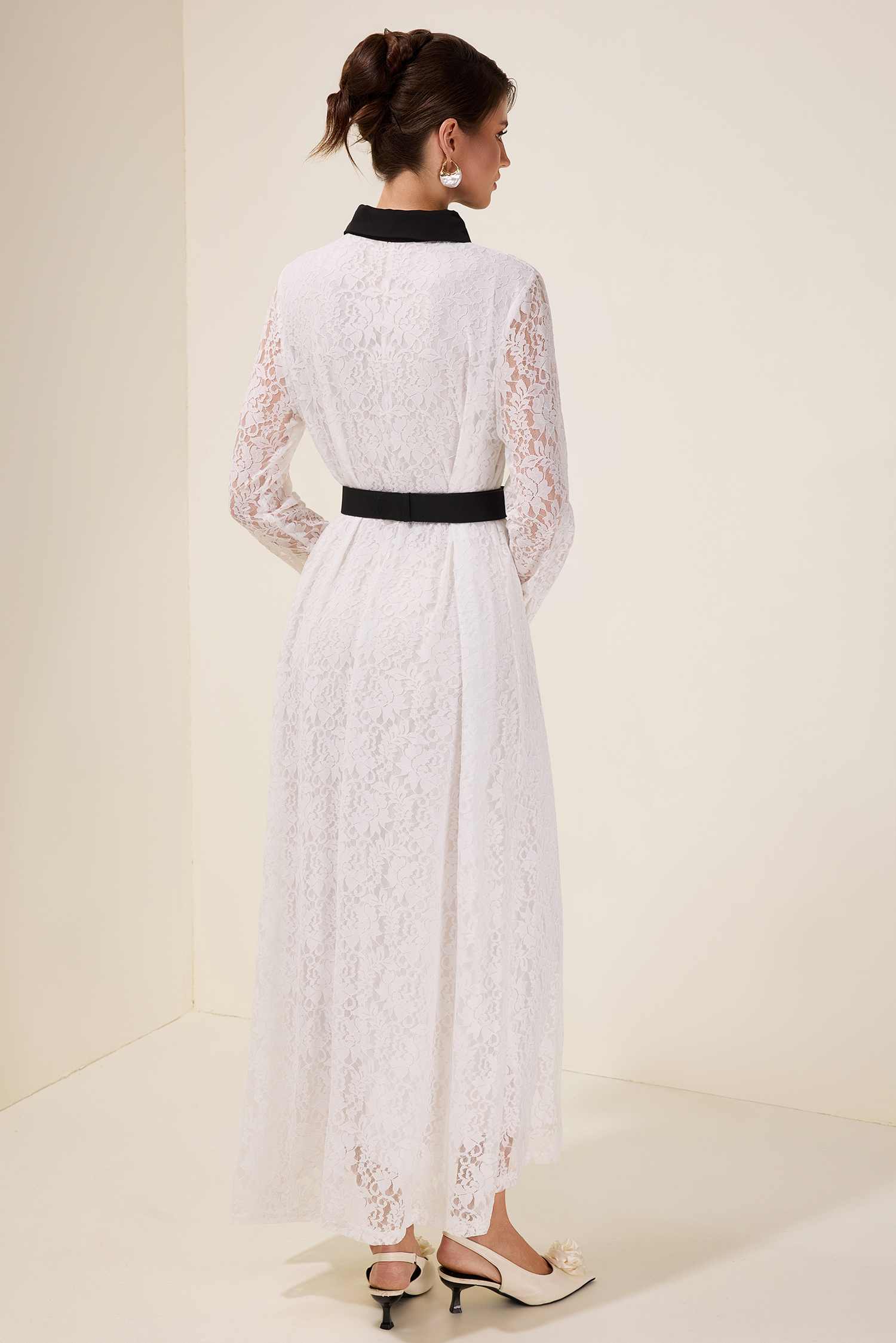 Lace Contrast Color Midi Dress With Belt