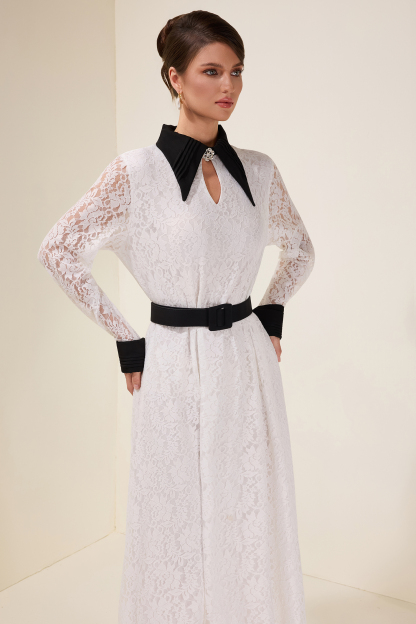 Lace Contrast Color Midi Dress With Belt