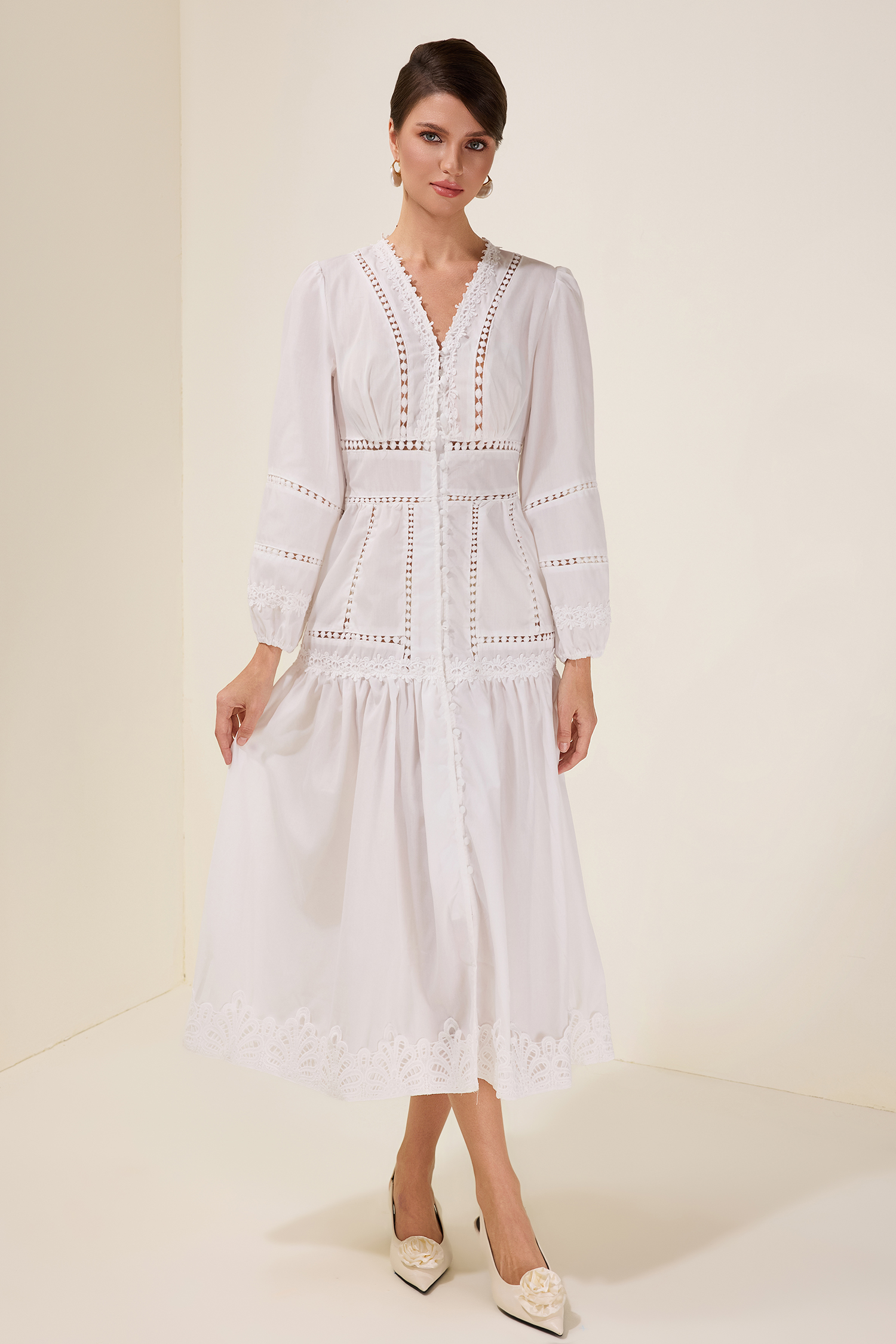 Lace Single Breasted Lantern Sleeve Midi Dress