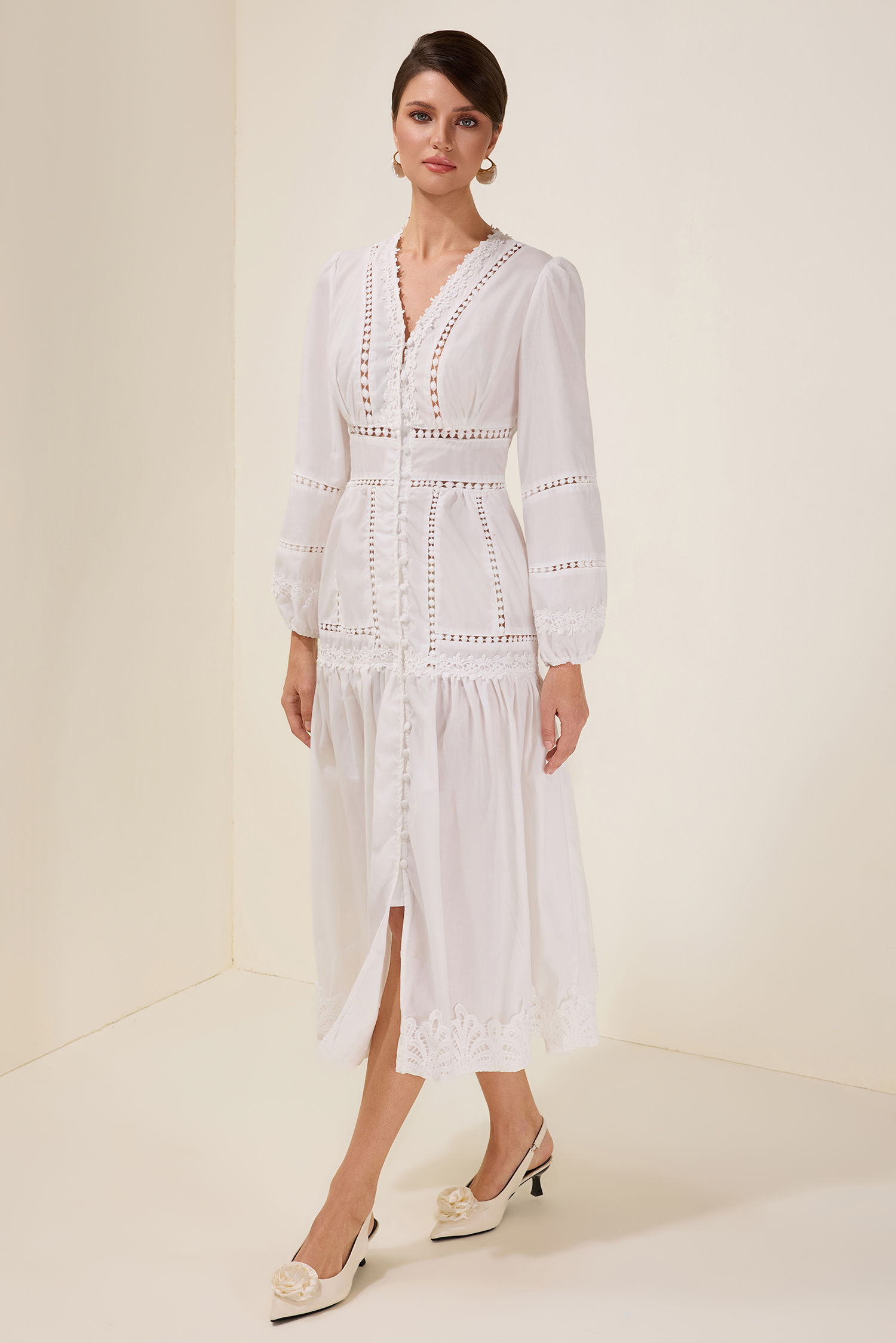 Lace Single Breasted Lantern Sleeve Midi Dress