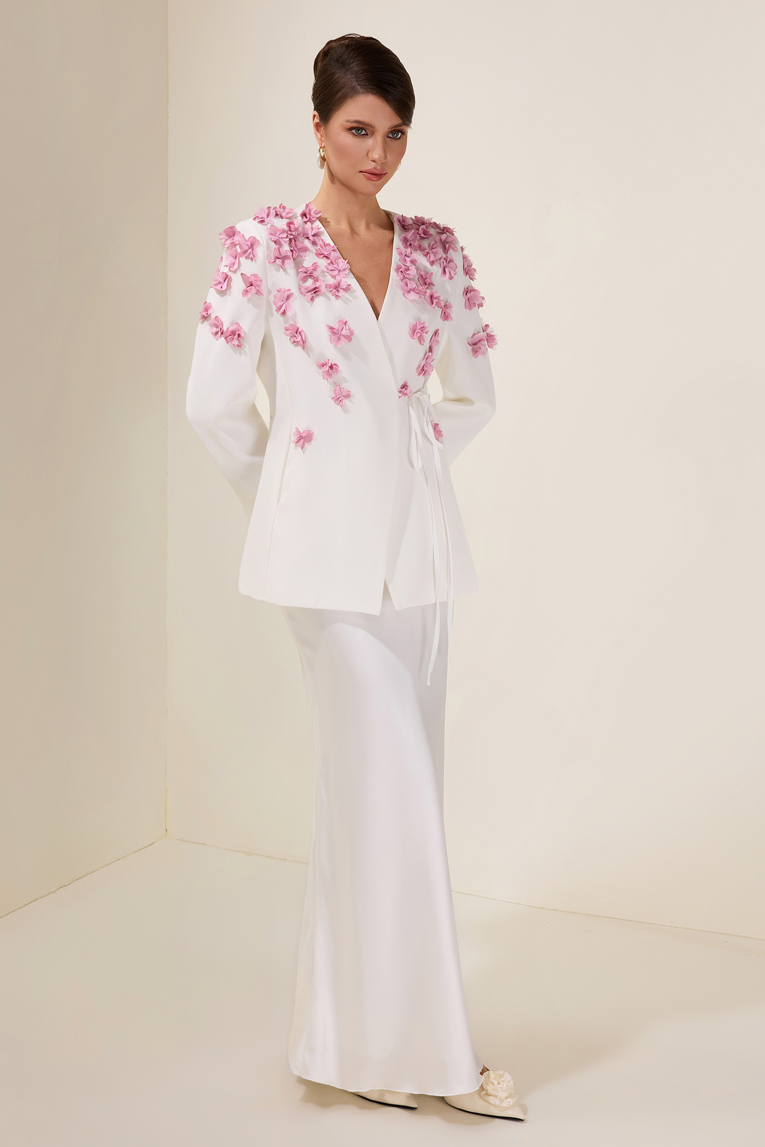 3D Flower Lace-Up Long Sleeve Coat