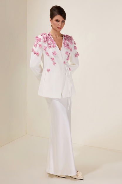 3D Flower Lace-Up Long Sleeve Coat